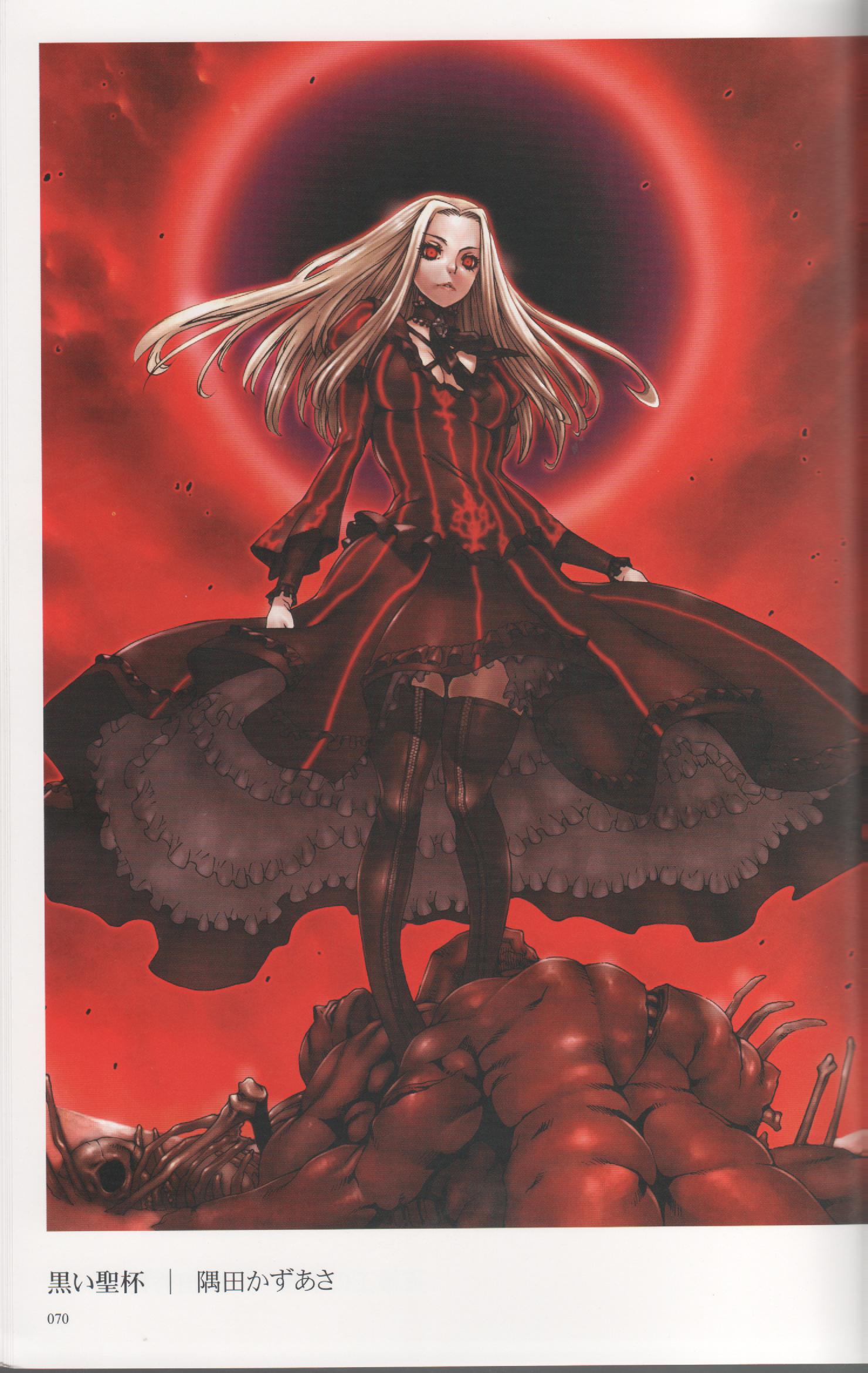 sumita kazuasa, irisviel von einzbern, fate/stay night, fate/zero, fate (series), black legwear, artbook, highres, scan, boots, dark persona, goth fashion, pantyhose, red eyes, red sky, sky, thigh boots, thighhighs, white hair