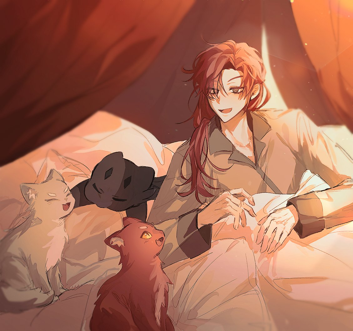 cale henituse, hong (lout of count's family), ohn (lout of count's family), raon miru, lout of count's family, commentary request, korean commentary, 1boy, animalization, bed, blanket, cat, curtains, grey shirt, grs o, long hair, long sleeves, male focus, on bed, open mouth, pajamas, pillow, red eyes, red hair, shirt, smile, under covers