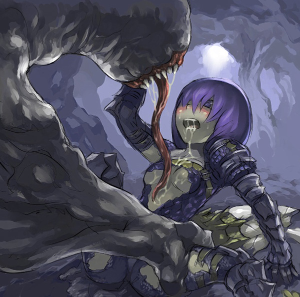 shinazo, khezu, capcom, monster hunter (series), bad id, bad pixiv id, 1girl, armor, bestiality, blush, breasts, cave, drooling, female focus, hair over one eye, interspecies, leg grab, looking at another, medium breasts, monster, open mouth, purple eyes, purple hair, saliva, short hair, sitting, solo, solo focus, spread legs, teeth, thigh grab, tongue, underboob, upper teeth only