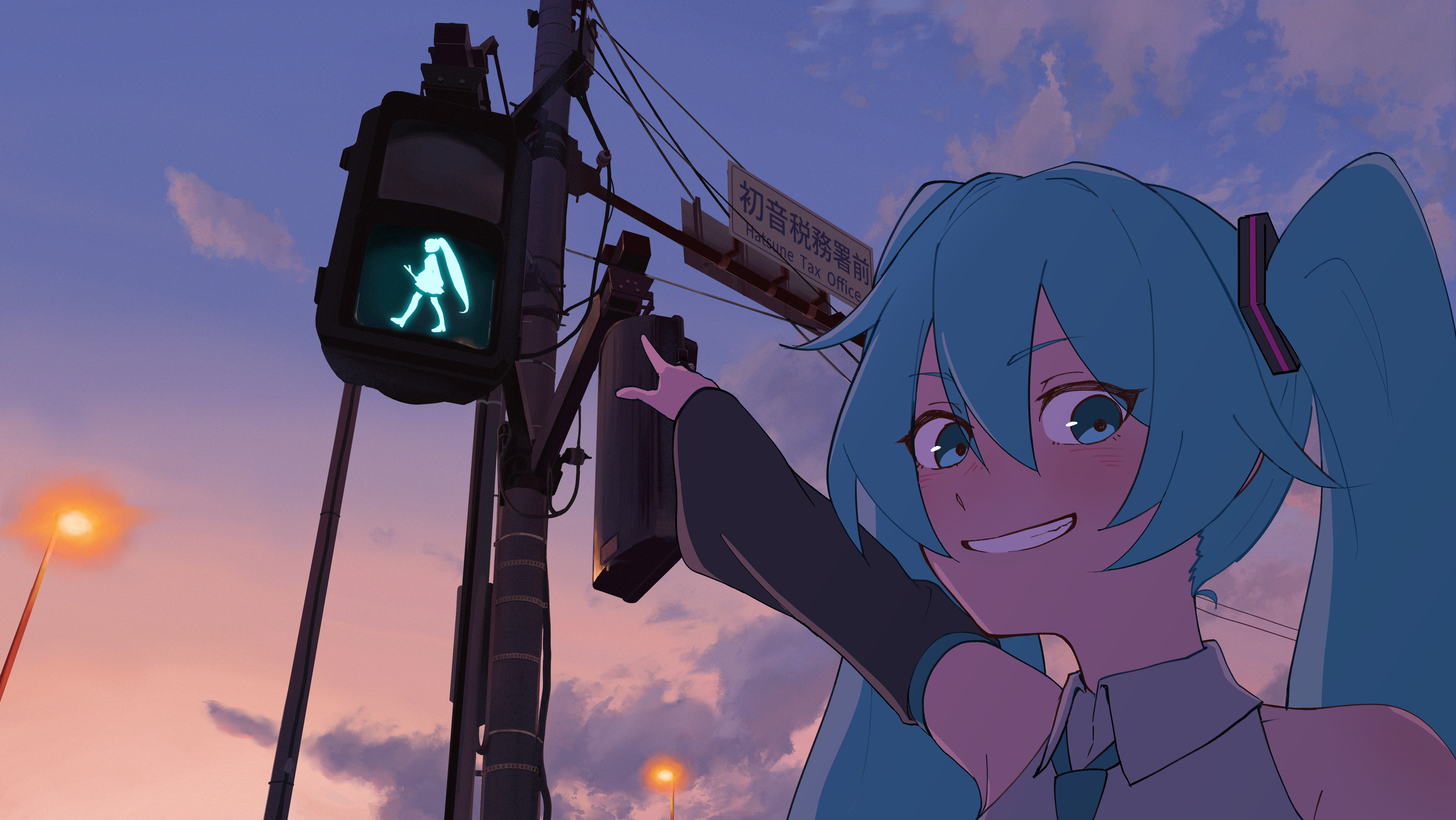 banken, hatsune miku, vocaloid, absurdres, commentary request, highres, 1girl, arm up, blue eyes, blue hair, detached sleeves, grin, lamppost, long hair, long sleeves, looking at viewer, pedestrian lights, pointing, sign, smile, solo, twintails, utility pole