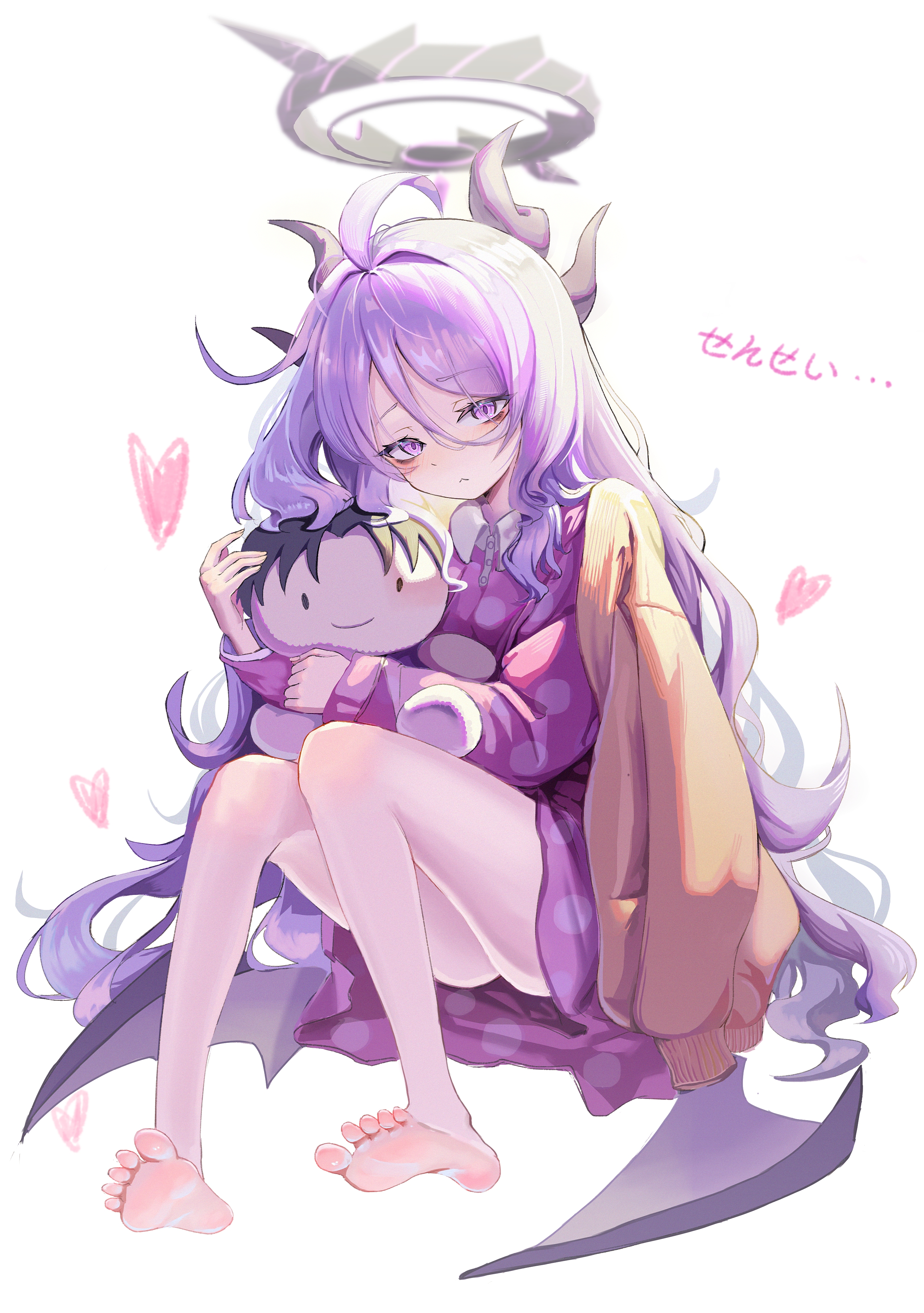 hina (blue archive), hina (pajamas) (blue archive), blue archive, absurdres, commentary request, highres, 1girl, ahoge, aoi 233, barefoot, black halo, demon girl, demon horns, demon wings, halo, heart, horns, jacket, long hair, looking at viewer, low wings, pajamas, pink pajamas, polka dot, polka dot pajamas, purple eyes, simple background, sitting, soles, solo, very long hair, white background, white hair, wings, yellow jacket