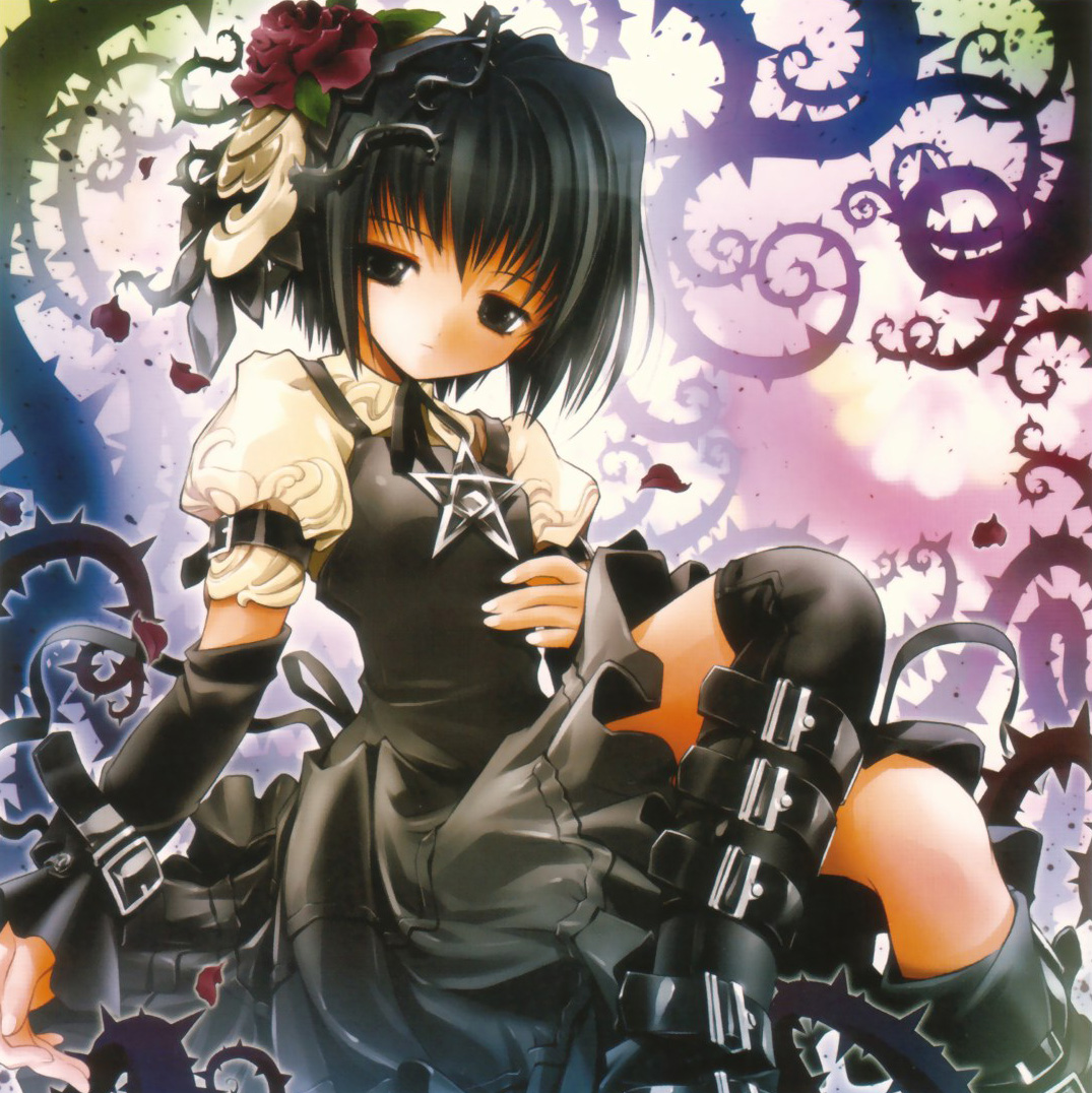 gotou nao, aquarian age, 00s, 1girl, belt, black hair, female focus, flower, gothic lolita, grey eyes, lolita fashion, pentagram, petals, short hair, sitting, skirt, solo, thorns