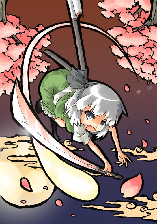 ara ta, harada (sansei rain), konpaku youmu, konpaku youmu (ghost), touhou, bad id, bad pixiv id, 1girl, cherry blossoms, female focus, hairband, hitodama, moon, short hair, solo, sword, tree, upside-down, weapon, white hair