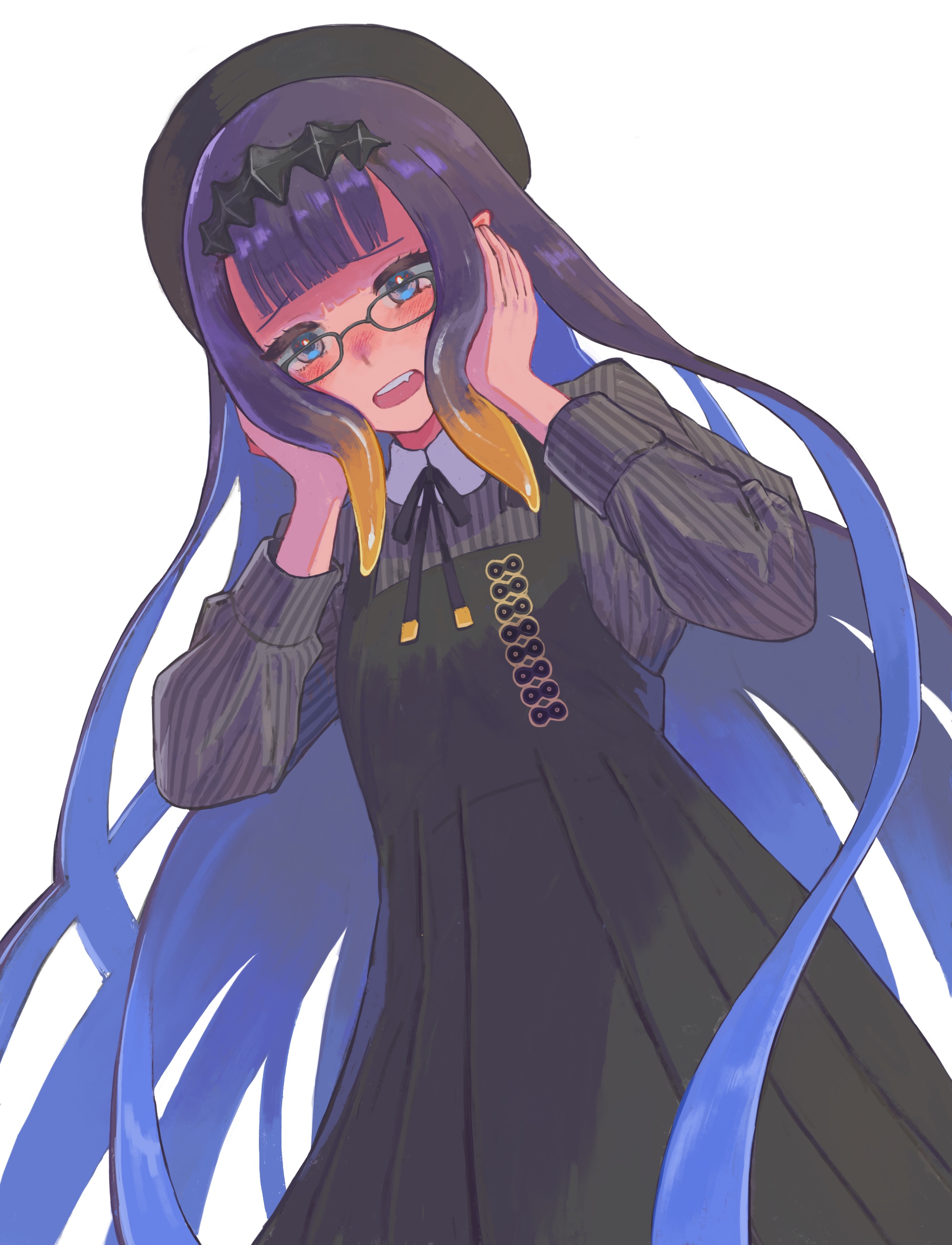 sugita magari, ninomae ina'nis, ninomae ina'nis (casual), hololive, absurdres, commentary, english commentary, highres, 1girl, black dress, dress, embarrassed, fang, flat cap, from below, glasses, grey shirt, hands on own cheeks, hands on own face, hat, long hair, open mouth, pinafore dress, pinstripe pattern, pinstripe shirt, purple eyes, purple hair, shirt, sleeveless, sleeveless dress, solo, teeth, tentacle hair, upper teeth only, virtual youtuber