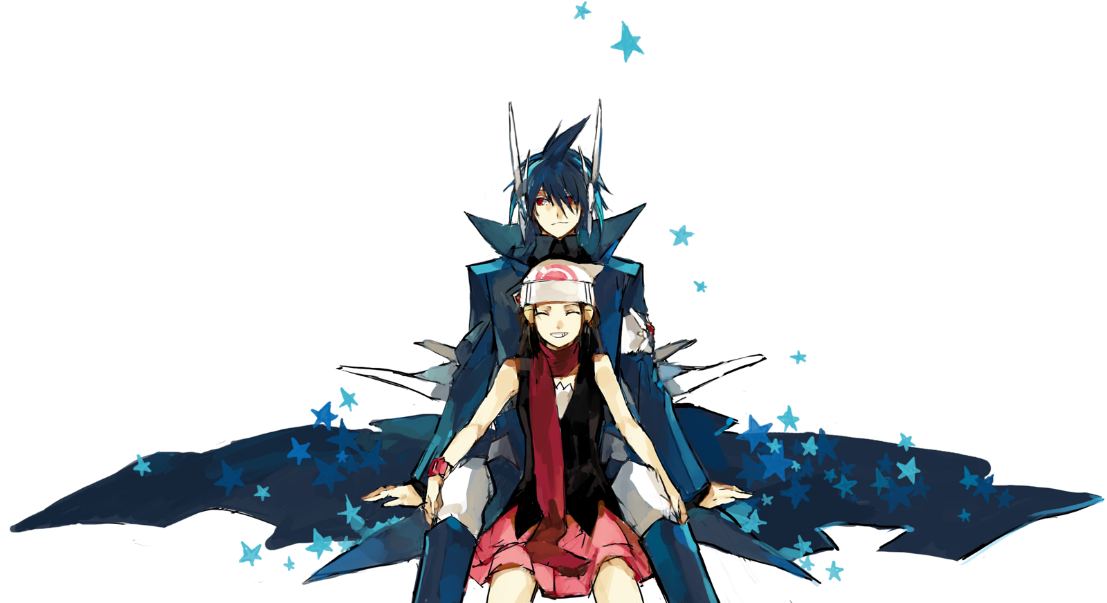 starshadowmagician, dawn (pokemon), dialga, moemon, nintendo, pokemon, highres, 00s, 1boy, 1girl, arm support, beanie, between legs, blue hair, closed eyes, costume, gen 4 pokemon, grin, hat, horns, legendary pokemon, long coat, personification, red eyes, red scarf, scarf, sitting, smile, star (symbol)