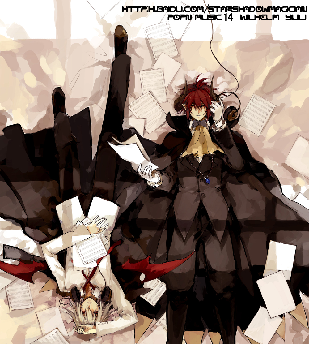 starshadowmagician, wilhelm, wilhelm (pop'n music), yuli, yuli (pop'n music), bemani, pop'n music, 2boys, bat wings, blonde hair, bow, bowtie, closed eyes, formal clothes, gloves, headphones, lying, male focus, multiple boys, on back, red hair, sheet music, traditional bowtie, wings