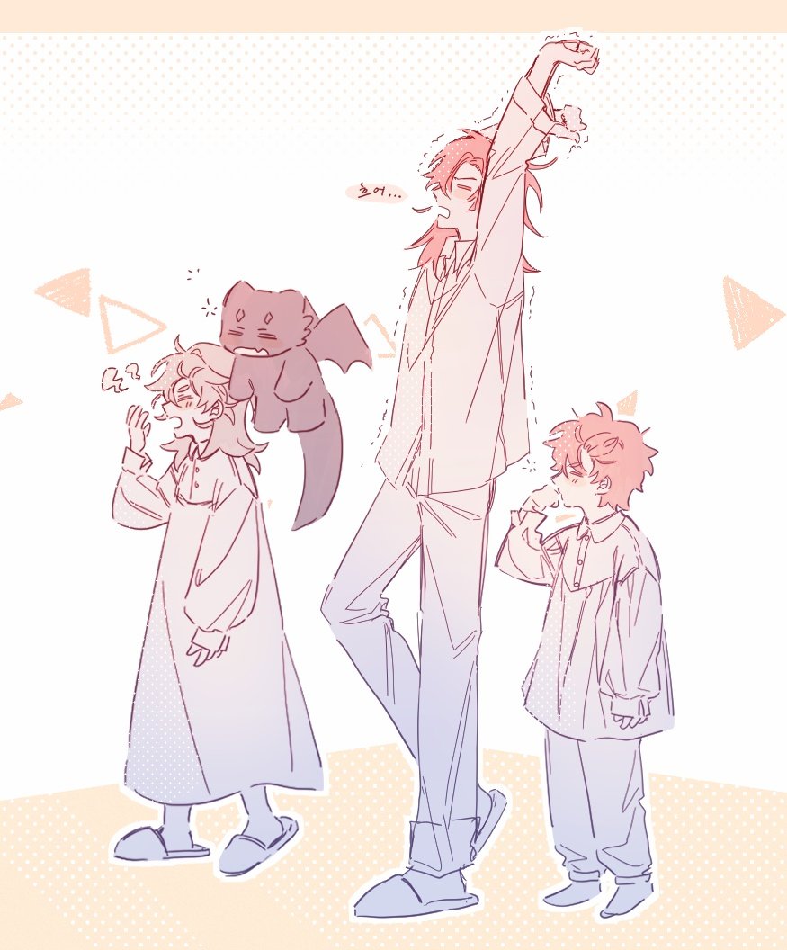 cale henituse, hong (lout of count's family), ohn (lout of count's family), raon miru, lout of count's family, commentary request, korean commentary, 1girl, 3boys, aged down, blue pajamas, brothers, brushing teeth, closed eyes, full body, grs o, hospital gown, long hair, long sleeves, male focus, multiple boys, nightgown, open mouth, pajamas, pants, pink hair, red hair, shirt, short hair, siblings, sleepy, slippers, stretching, waking up, yawning