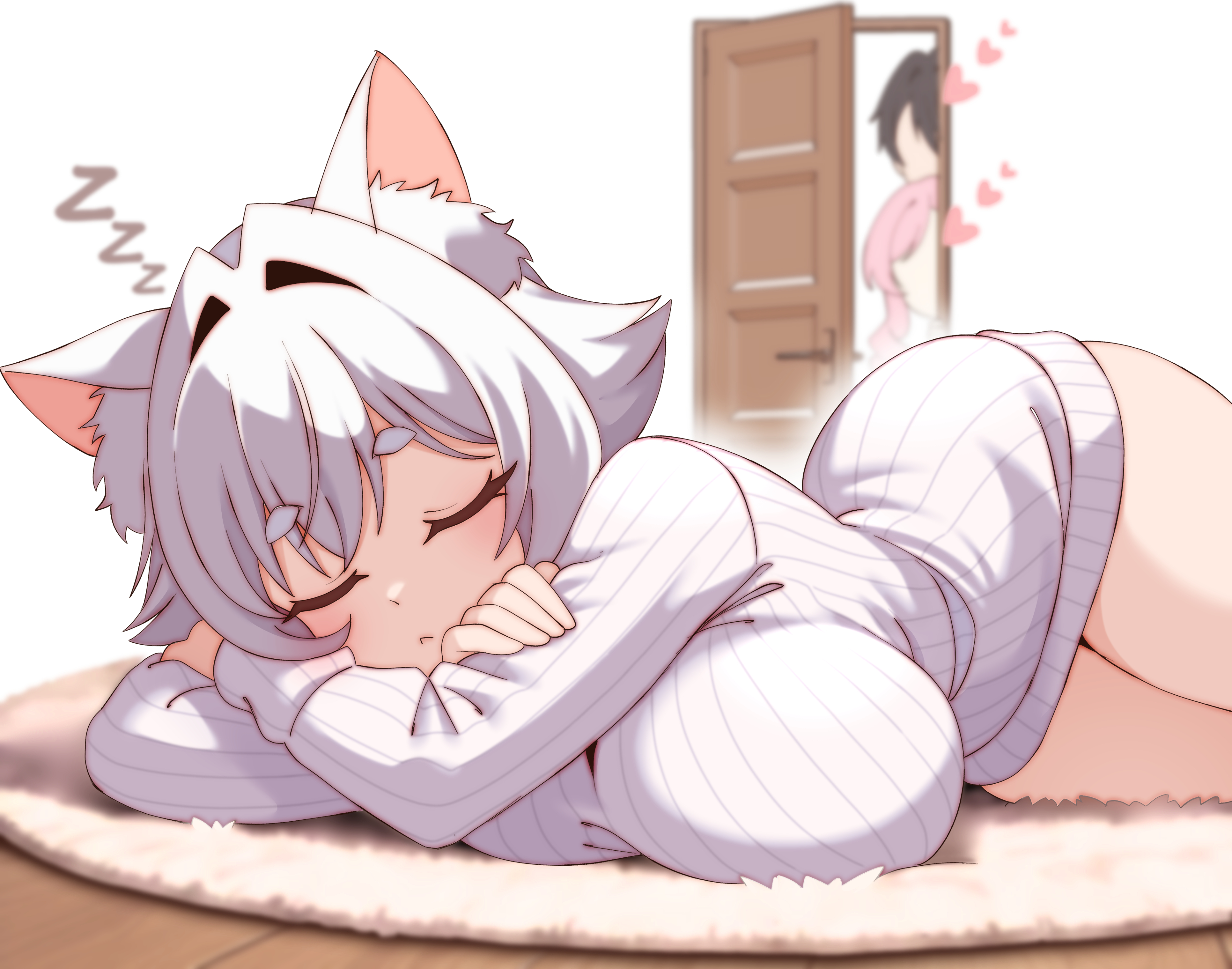 erigo, aijou rentarou, hanazono hahari, nekonari tama, kimi no koto ga dai dai dai dai daisuki na 100-nin no kanojo, absurdres, commentary, english commentary, highres, 1boy, 2girls, :<, animal ear fluff, animal ears, bare legs, black hair, breasts, carpet, cat ears, closed eyes, faceless, faceless female, faceless male, hair intakes, heart, large breasts, long sleeves, lying, multiple girls, no pants, on floor, open door, peeking out, pink hair, ribbed sweater, sleeping, solo focus, sweater, white hair, white sweater, wooden floor, zzz