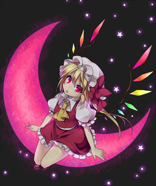 masaru.jp, flandre scarlet, embodiment of scarlet devil, touhou, 1girl, blonde hair, crescent moon, female focus, hat, moon, on crescent, ponytail, red eyes, red moon, short hair, side ponytail, sitting, solo, wings