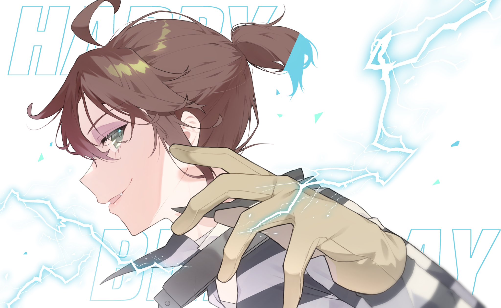 luca balsa, identity v, commentary request, highres, 1boy, ahoge, bandaged neck, bandages, brown gloves, brown hair, bruise, bruised eye, electricity, fang, floating hair, gloves, green eyes, happy birthday, injury, looking back, male focus, nikunikuoda, ponytail, popped collar, portrait, profile, shirt, short ponytail, solo, striped clothes, striped shirt