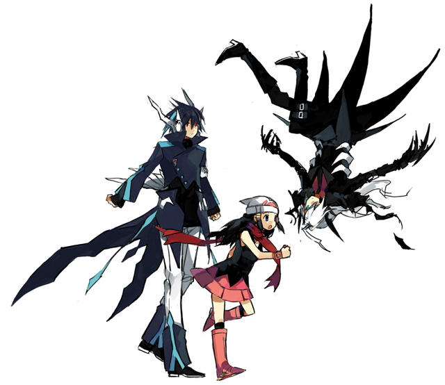 starshadowmagician, darkrai, dawn (pokemon), dialga, moemon, nintendo, pokemon, pokemon dppt, 00s, 1girl, 2boys, ahoge, aqua eyes, beanie, boots, claws, costume, floating, formal clothes, gen 4 pokemon, hat, horns, legendary pokemon, long hair, multiple boys, mythical pokemon, personification, pink boots, red eyes, skirt, tailcoat, upside-down, white hair