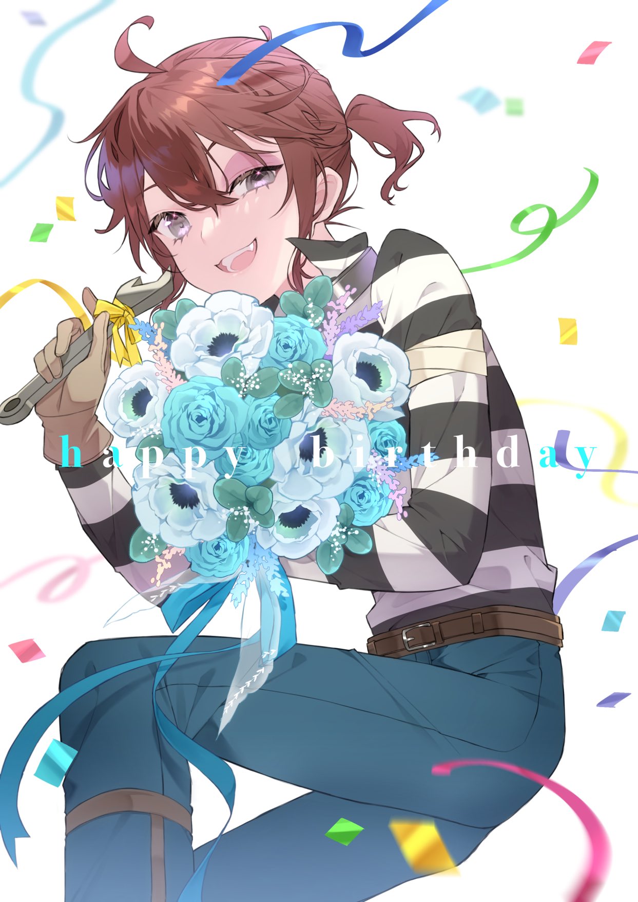 luca balsa, identity v, commentary request, highres, 1boy, :3, :d, ahoge, anemone (flower), bandages over clothes, belt, blue flower, blue rose, bouquet, brown belt, brown gloves, brown hair, bruise, bruised eye, confetti, cowboy shot, crossed bangs, denim, fang, floating hair, flower, gloves, grey eyes, happy birthday, holding, holding bouquet, holding wrench, injury, jeans, leg brace, looking back, male focus, nikunikuoda, open mouth, pants, ponytail, popped collar, rose, shirt, short ponytail, sidelocks, smile, solo, striped clothes, striped shirt, uneven eyes, white flower, wrench