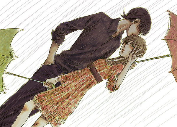 death the kid, maka albarn, black hair, blonde hair, couple, denim, dress, jacket, jeans, kiss, long hair, pants, rain, short hair, umbrella