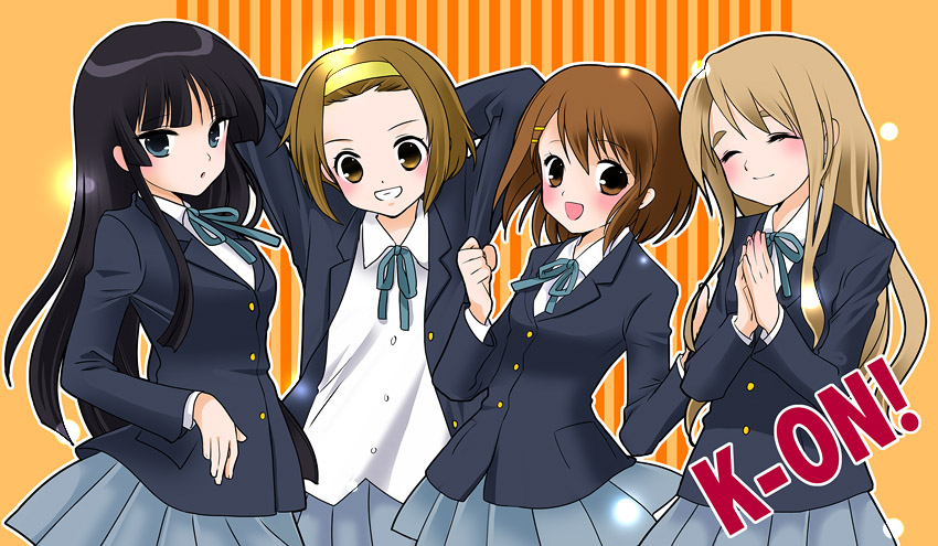 akiyama mio, hirasawa yui, kotobuki tsumugi, sakuragi akira, tainaka ritsu, k-on!, eyebrows, bad id, bad pixiv id, 00s, 4girls, black hair, blazer, blonde hair, blue eyes, brown eyes, brown hair, closed eyes, hair ornament, hairband, hairclip, ho-kago tea time, jacket, long hair, multiple girls, pleated skirt, school uniform, short hair, skirt, yellow eyes