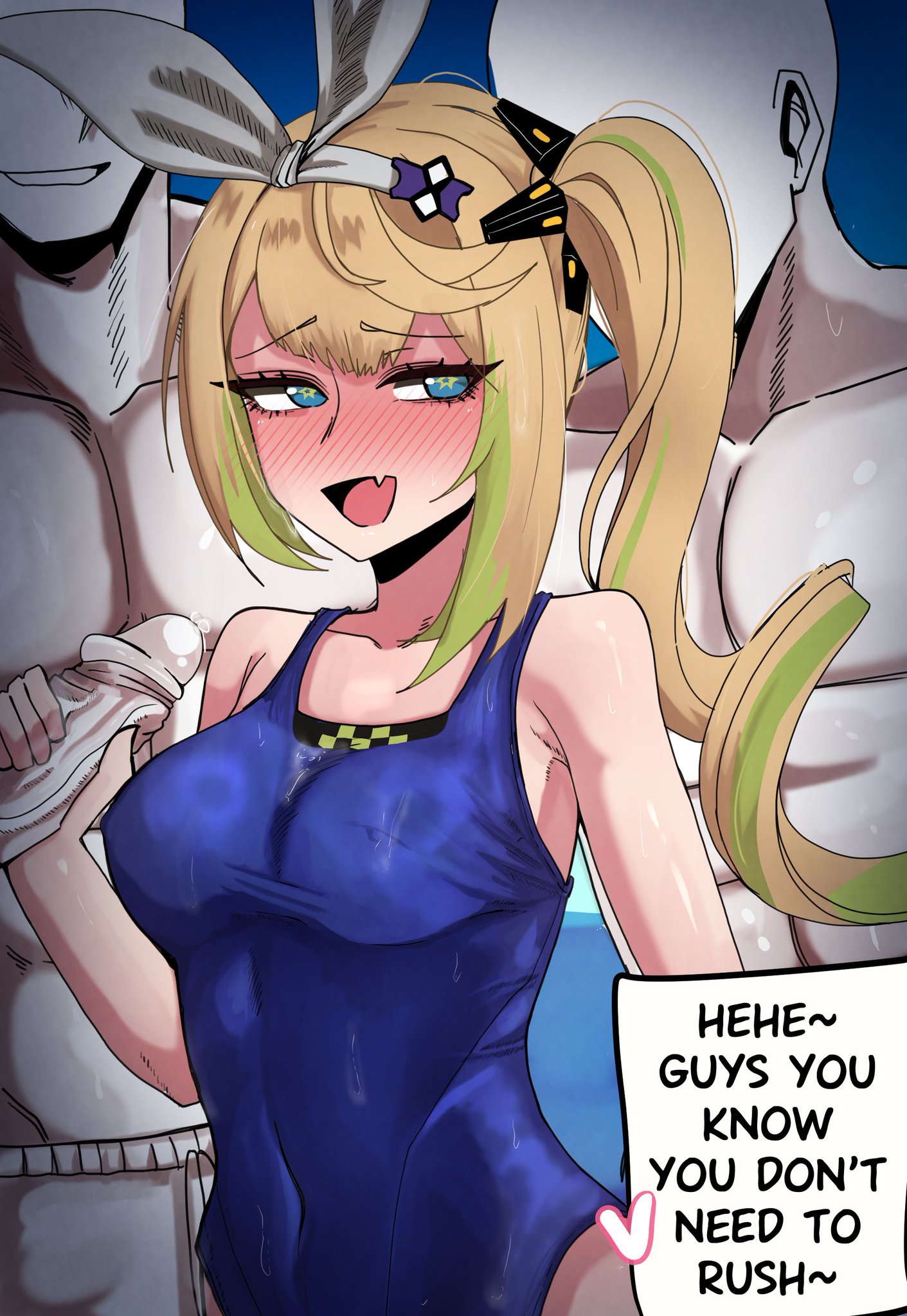 geerux, sharkry (girls' frontline 2), sharkry (swimsuit idol) (girls' frontline 2), girls' frontline, girls' frontline 2: exilium, 1girl, 3boys, blonde hair, blue eyes, blush, bow, english text, fang, hair bow, handjob, imminent penetration, male swimwear, multicolored hair, multiple boys, side ponytail, skin fang, streaked hair, sweat, swim trunks, swimsuit