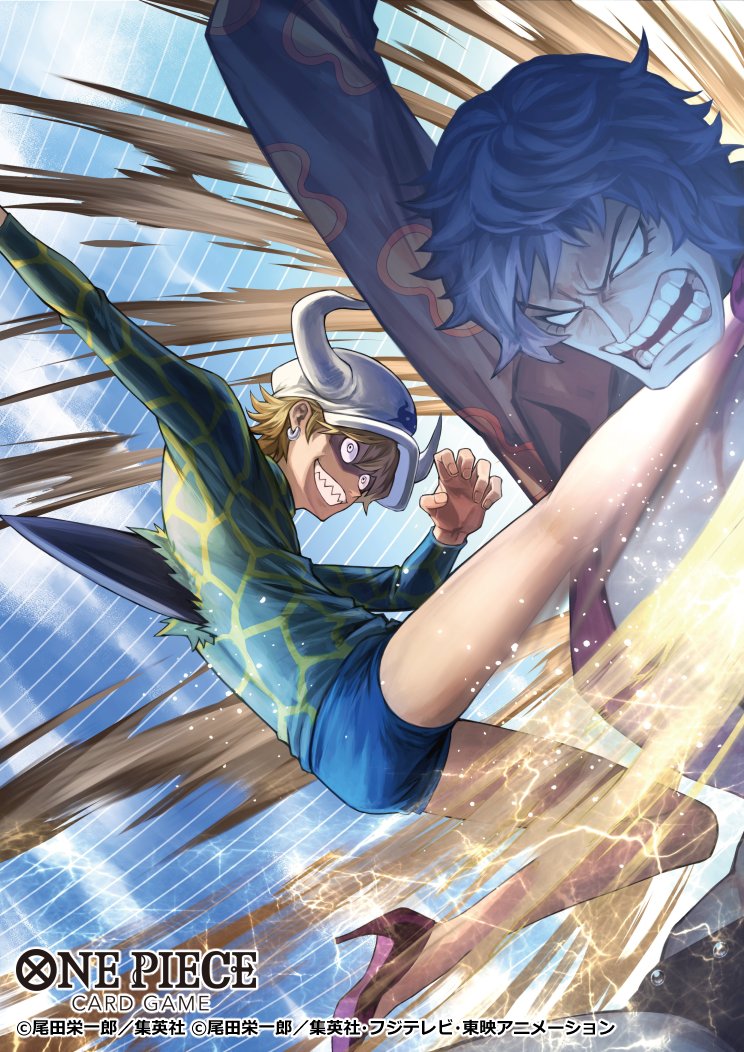 koushi rokushiro, blue gilly, dellinger (one piece), one piece, one piece card game, commentary request, official art, 2boys, attack, blank eyes, blonde hair, blue shorts, clenched teeth, copyright name, earrings, hat, high heels, horned hat, jewelry, kicking, long sleeves, lower eyelashes only, male focus, multiple boys, open mouth, short hair, shorts, teeth, white hat