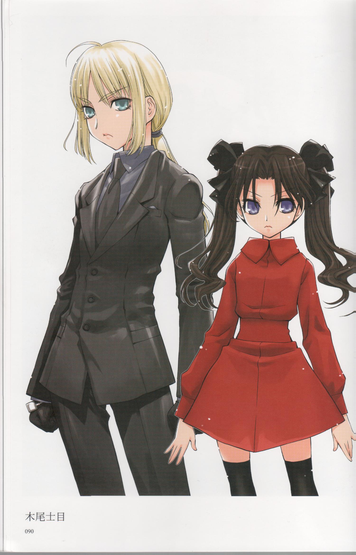 kio shimoku, artoria pendragon (fate), saber (fate), tohsaka rin, fate/stay night, fate/zero, fate (series), artbook, highres, scan, 00s, 2girls, aged down, ahoge, alternate costume, blonde hair, brown hair, formal clothes, hair ribbon, multiple girls, pant suit, pants, ponytail, reverse trap, ribbon, suit, thighhighs, twintails