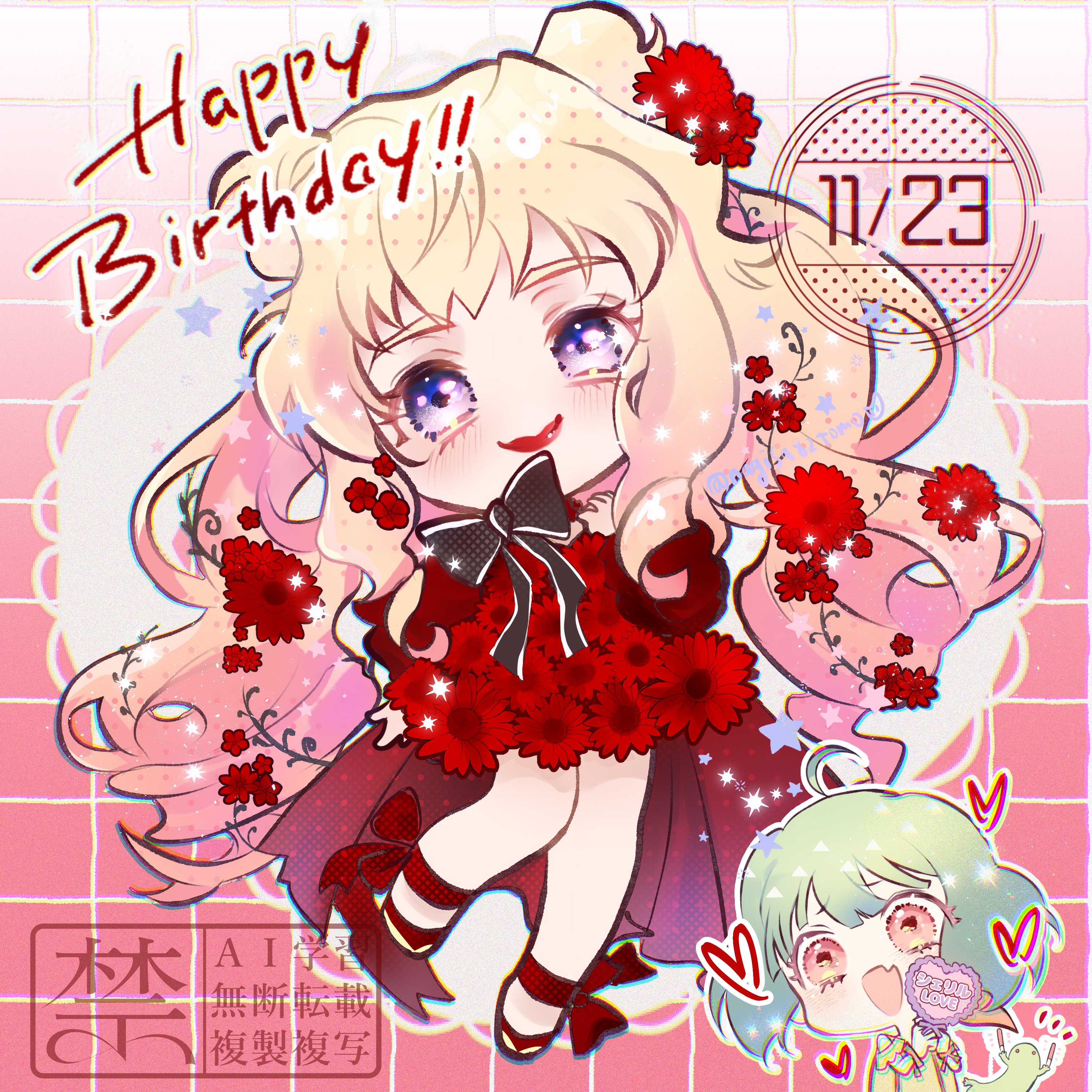nagisa tomo, ranka lee, sheryl nome, macross, macross frontier, absurdres, commentary request, highres, 2girls, birthday, black bow, black bowtie, blonde hair, blue eyes, bow, bowtie, brown eyes, checkered background, chibi, chibi only, closed mouth, dated, dress, drill hair, fang, flower, flower dress, full body, gradient hair, green hair, hair flower, hair ornament, happy birthday, heart, long hair, multicolored hair, multiple girls, open mouth, pink hair, red dress, red flower, red lips, short hair, skin fang, smile, standing, standing on one leg, two-tone hair, upper body