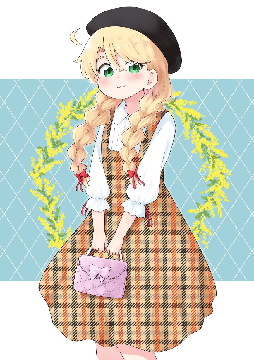 mukunoki nanatsu, himesaka noa, watashi ni tenshi ga maiorita!, commentary request, highres, 1girl, :3, ahoge, bag, beret, black hat, blonde hair, blush, braid, closed mouth, dress, green eyes, handbag, hat, holding, holding bag, long hair, looking at viewer, official artist extra, plaid clothes, plaid dress, smile, solo, standing, twin braids