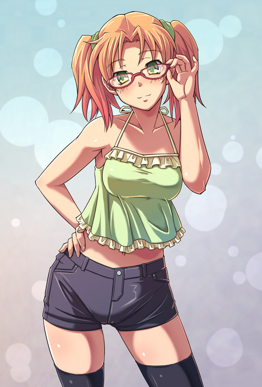 e20, nakano minori, original, 1girl, camisole, female focus, glasses, green eyes, hand on own hip, hip focus, looking at viewer, midriff, orange hair, shorts, solo, thighhighs, twintails