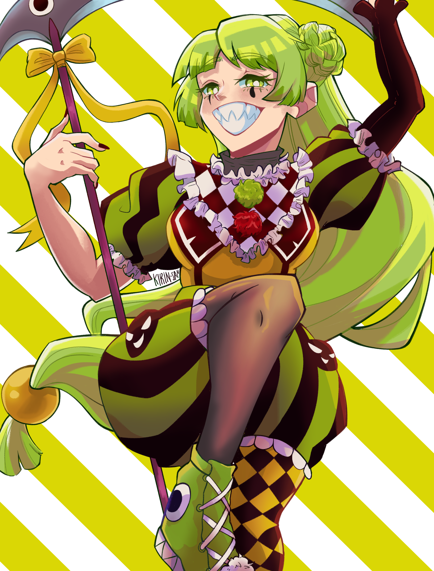 user nphg7847, valac clara, mairimashita! iruma-kun, absurdres, commentary, english commentary, highres, 1girl, arm up, artist name, black nails, braid, braided bun, breasts, brown pantyhose, green eyes, green hair, grin, hair bun, holding, holding scythe, kirina hm, long hair, pantyhose, puffy short sleeves, puffy sleeves, scythe, sharp teeth, short sleeves, small breasts, smile, solo, striped background, teardrop facial mark, teeth, very long hair