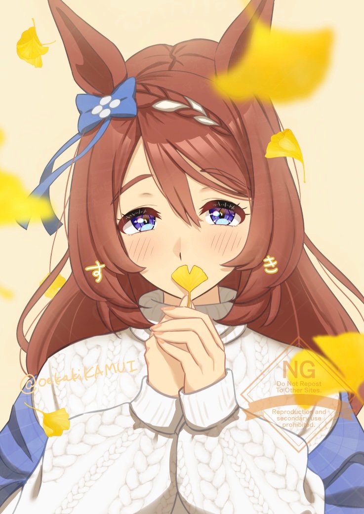 oekakikamui, super creek (umamusume), umamusume, commentary request, 1girl, alternate costume, animal ears, blue bow, blue eyes, blue shawl, blurry, blurry foreground, bow, braid, brown background, cable knit, covering own mouth, falling leaves, ginkgo leaf, hair between eyes, hair bow, holding, holding leaf, horse ears, horse girl, leaf, long hair, long sleeves, multicolored hair, shawl, simple background, solo, streaked hair, sweater, turtleneck, turtleneck sweater, upper body, white hair, white sweater