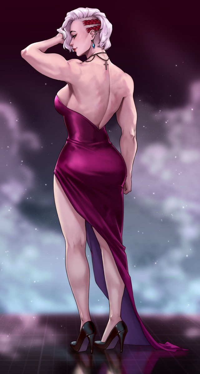 annasassiart, original, commentary, commission, english commentary, highres, 1girl, arm up, asymmetrical hair, back, bare arms, bare shoulders, black shoes, breasts, cocktail dress, cornrows, cross, cross necklace, dress, earrings, full body, high heels, jewelry, median furrow, muscular, muscular female, necklace, purple dress, red hair, shoes, short hair, solo, standing, strapless, strapless dress, undercut, vazka (weissnoire), white hair