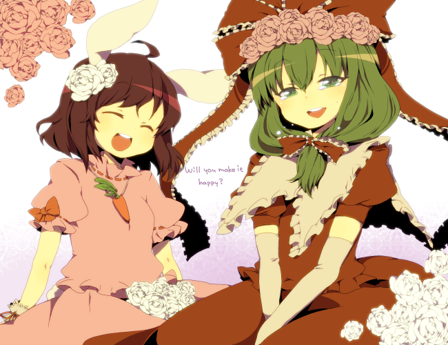 azuma seiji, inaba tewi, kagiyama hina, touhou, duplicate, 2girls, animal ears, black hair, carrot, closed eyes, female focus, flower, front ponytail, green eyes, green hair, hair ribbon, multiple girls, open mouth, rabbit ears, ribbon, tears
