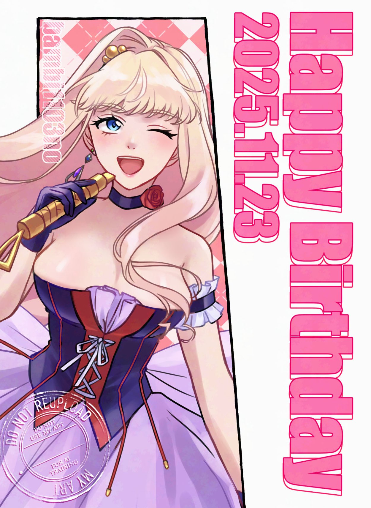 anno (bambi1103no), sheryl nome, macross, macross frontier, commentary, english commentary, highres, 1girl, armband, bare shoulders, birthday, blonde hair, blue eyes, blush, bodice, breasts, choker, cleavage, corset, cowboy shot, dated, earrings, flower choker, frilled armband, frills, gloves, hair ornament, happy birthday, holding, holding microphone, jewelry, large breasts, long hair, looking at viewer, microphone, official alternate costume, one eye closed, open mouth, pink skirt, purple corset, purple gloves, single earring, single sidelock, skirt, solo, straight-on, twitter username