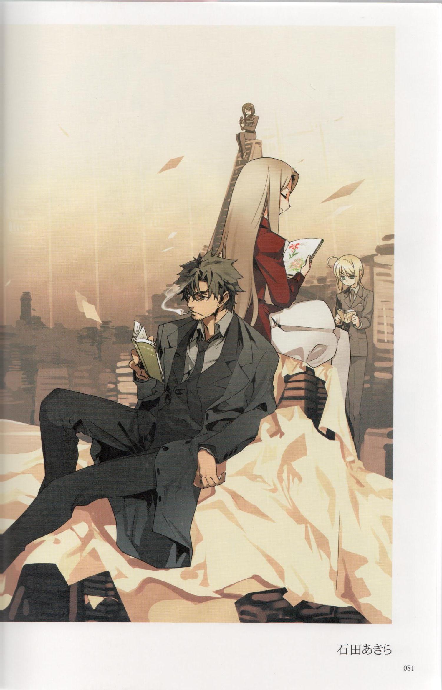 ishida akira, artoria pendragon (fate), emiya kiritsugu, hisau maiya, irisviel von einzbern, saber (fate), fate/stay night, fate/zero, fate (series), artbook, highres, scan, 00s, 1boy, 3girls, book, cigarette, multiple girls, open book, reading, smoking