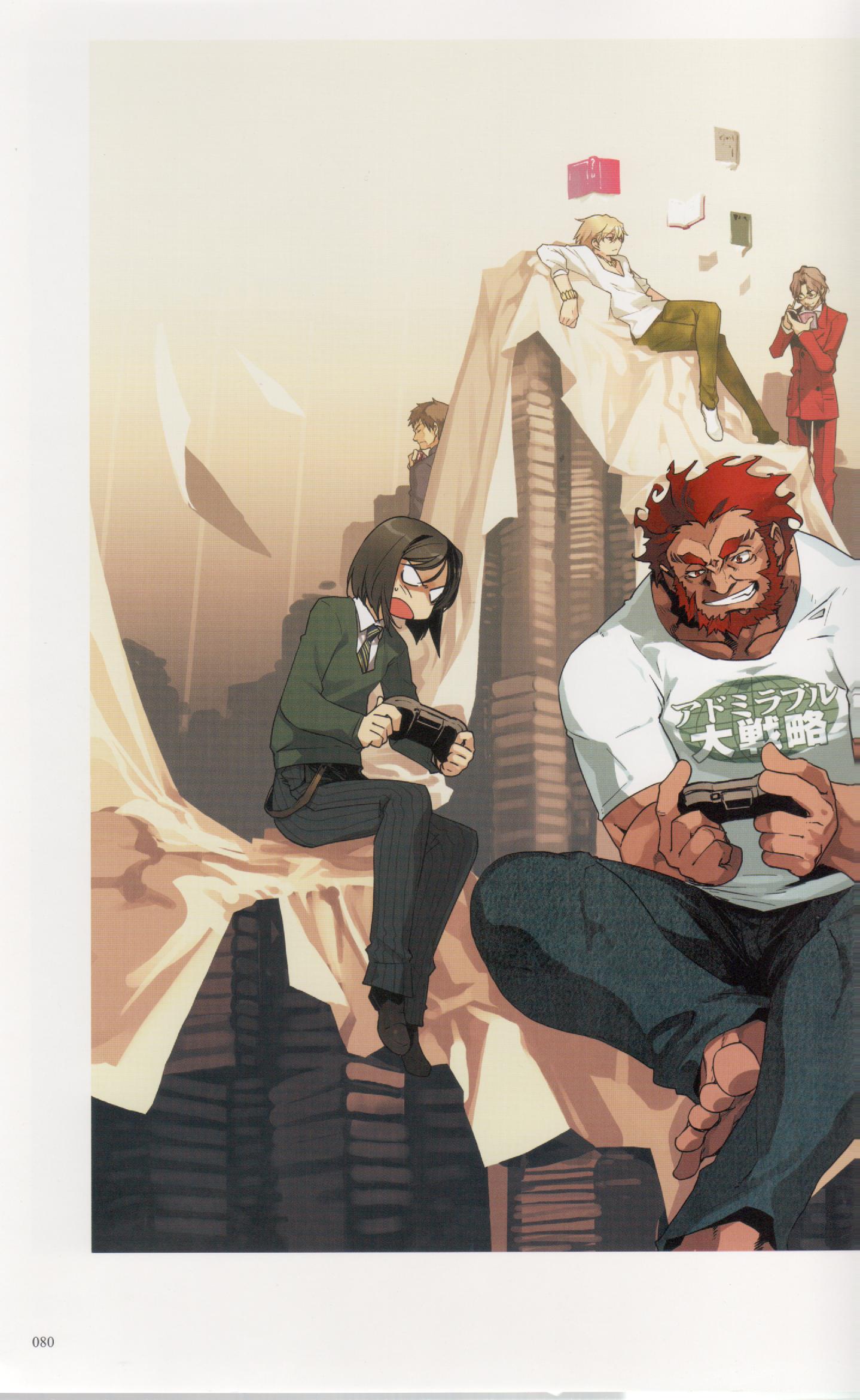 ishida akira, gilgamesh (fate), iskandar (casual wear) (fate), iskandar (fate), kotomine kirei, kotomine kirei (fate/zero), tohsaka tokiomi, waver velvet, fate/stay night, fate/zero, fate (series), artbook, highres, scan, 00s, 5boys, book, casual, clothes writing, male focus, multiple boys