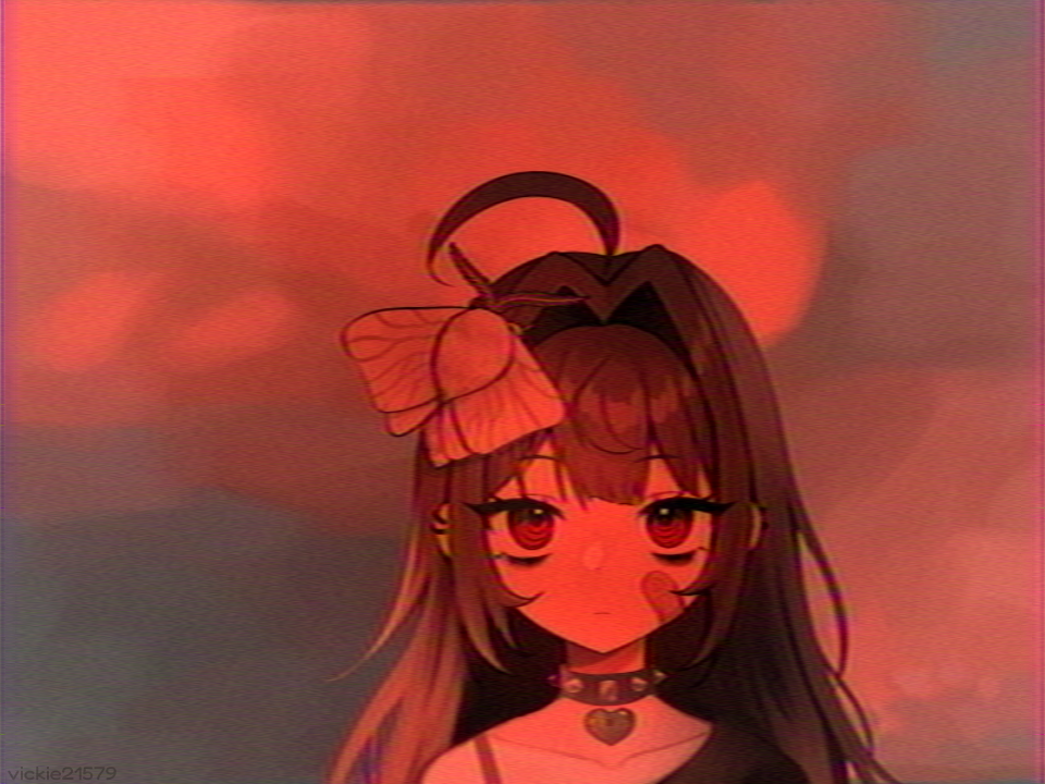 vickie (cryingrobot), vickie (cryingrobot) (character), creepypasta, original, commentary, 1girl, ahoge, animal, animal on head, bandaid, bandaid on cheek, bandaid on face, blurry, bug, choker, ear piercing, hair intakes, heart, insect, long hair, looking at viewer, moth, on head, piercing, portrait, red theme, single off shoulder, solo, spiked choker, spikes