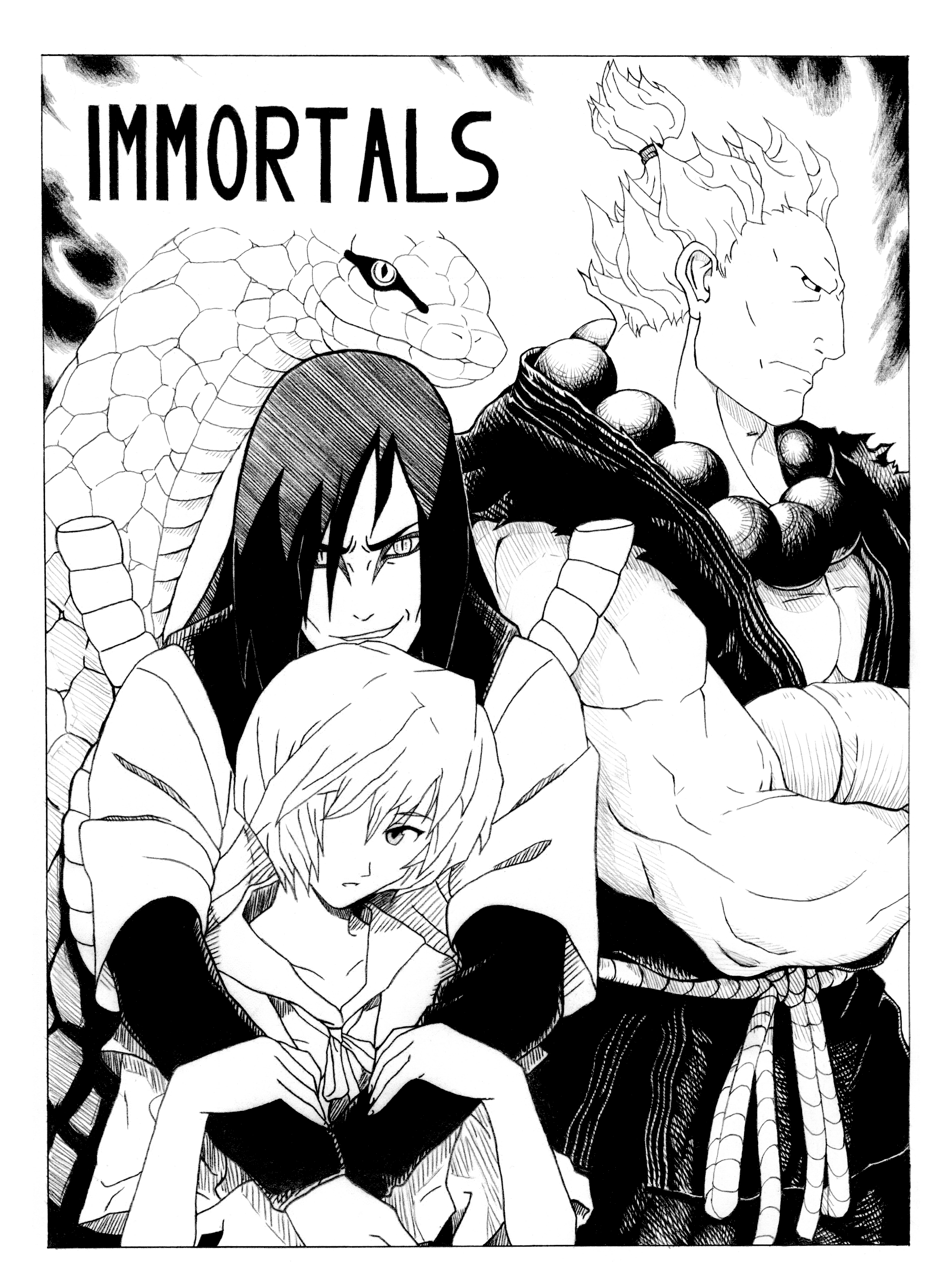 akuma (street fighter), ayanami rei, orochimaru (naruto), capcom, naruto (classic), naruto (series), neon genesis evangelion, street fighter, drawing, absurdres, artist request, highres, crossover, monochrome, snake