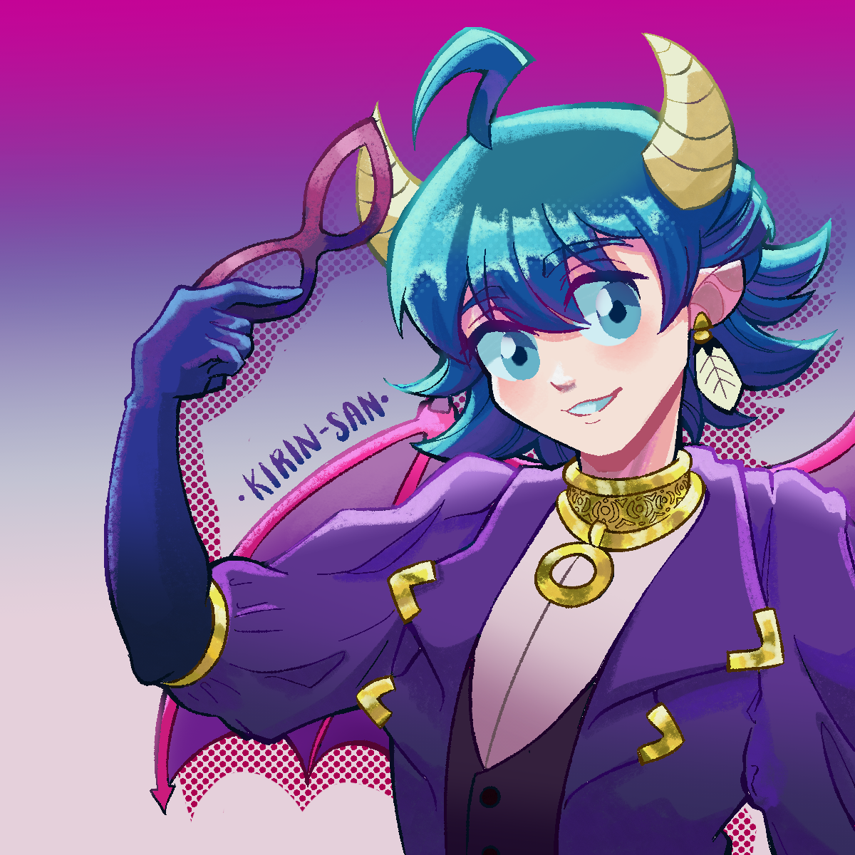 user nphg7847, suzuki iruma, mairimashita! iruma-kun, highres, 1boy, ahoge, black gloves, blue eyes, blue hair, domino mask, earrings, elbow gloves, eye mask, feather earrings, feathers, gloves, gradient background, horns, jewelry, kirina hm, male focus, mask, short hair, unworn mask, upper body, wings