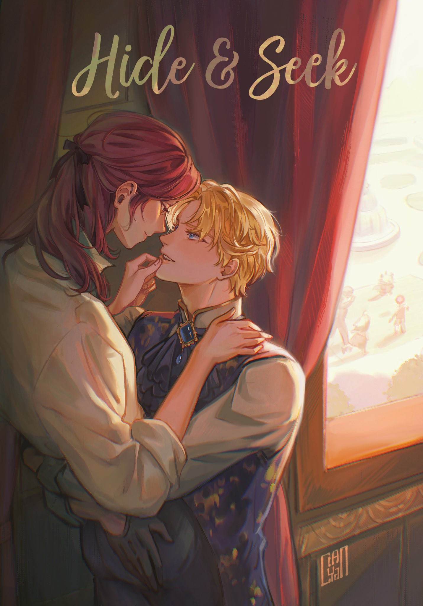 alberu crossman, cale henituse, lout of count's family, highres, 2boys, artist name, ascot, black pants, blonde hair, blue ascot, blue eyes, blue vest, ciancy an, curtains, eye contact, finger to another's mouth, gloves, hair ribbon, hand on another's chin, imminent kiss, indoors, long hair, long sleeves, looking at another, male focus, multiple boys, pants, ponytail, red hair, ribbon, shirt, short hair, smile, vest, white shirt, window, yaoi