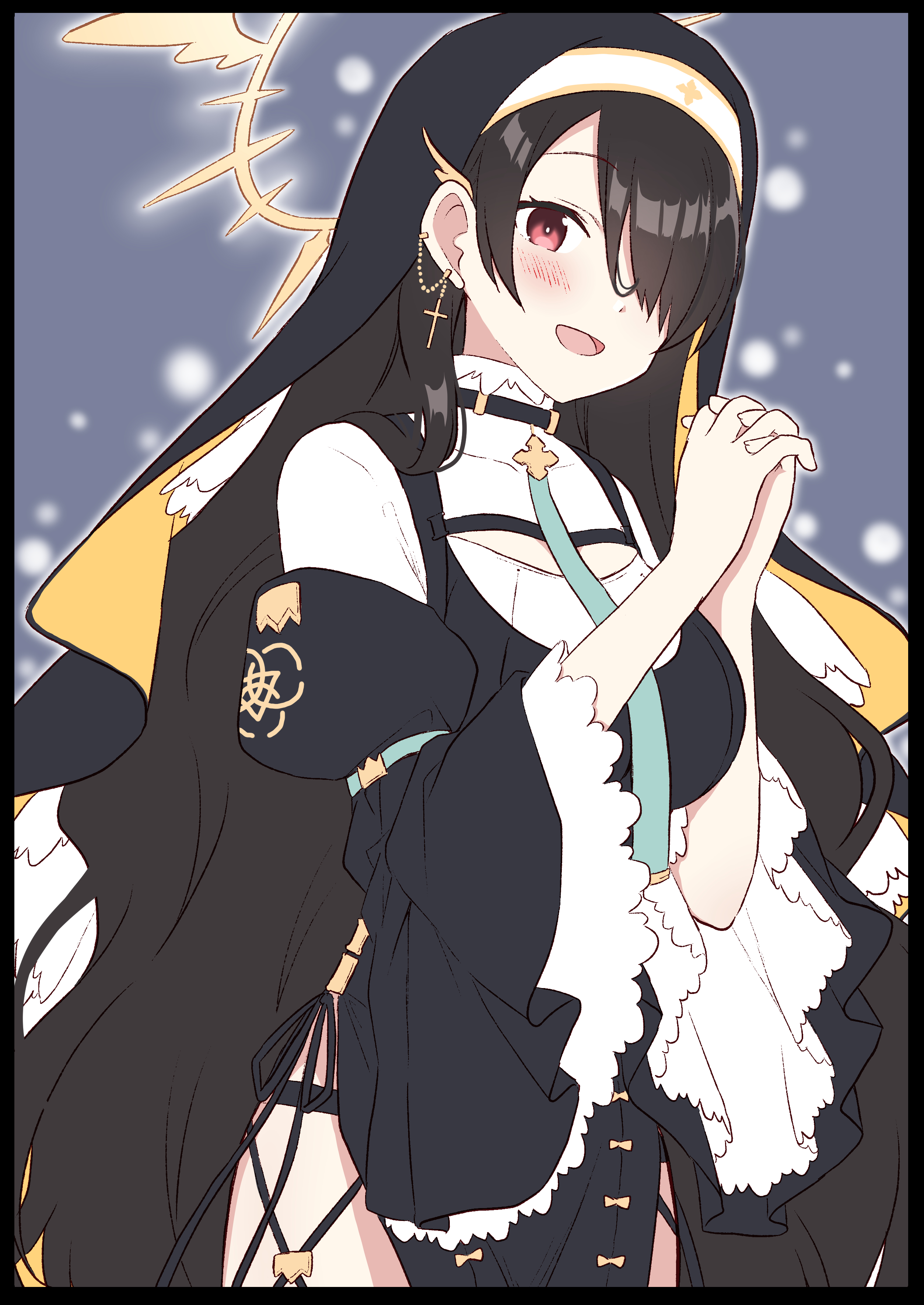 akane souichi, hinata (blue archive), blue archive, absurdres, commentary, highres, 1girl, :d, black border, black dress, black hair, black sleeves, black veil, blurry, blurry background, blush, border, breasts, bright pupils, cleavage cutout, clothing cutout, coif, cowboy shot, cross, cross earrings, dot nose, dress, earrings, frilled sleeves, frills, from below, grey background, hair between eyes, hair over one eye, halo, hands up, jewelry, large breasts, latin cross, long hair, looking at viewer, nun, one eye covered, open mouth, own hands clasped, own hands together, pink eyes, side slit, sidelocks, smile, solo, standing, two-tone dress, veil, very long hair, white dress, white pupils, wide sleeves, winged halo, yellow halo
