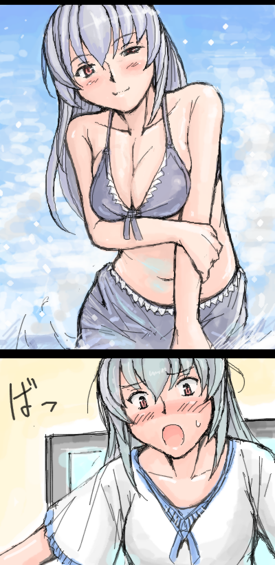 tsuda nanafushi, suigintou, rozen maiden, silver hair, long image, tall image, 00s, 1girl, aged up, bikini, blush, breasts, dreaming, large breasts, red eyes, swimsuit, water