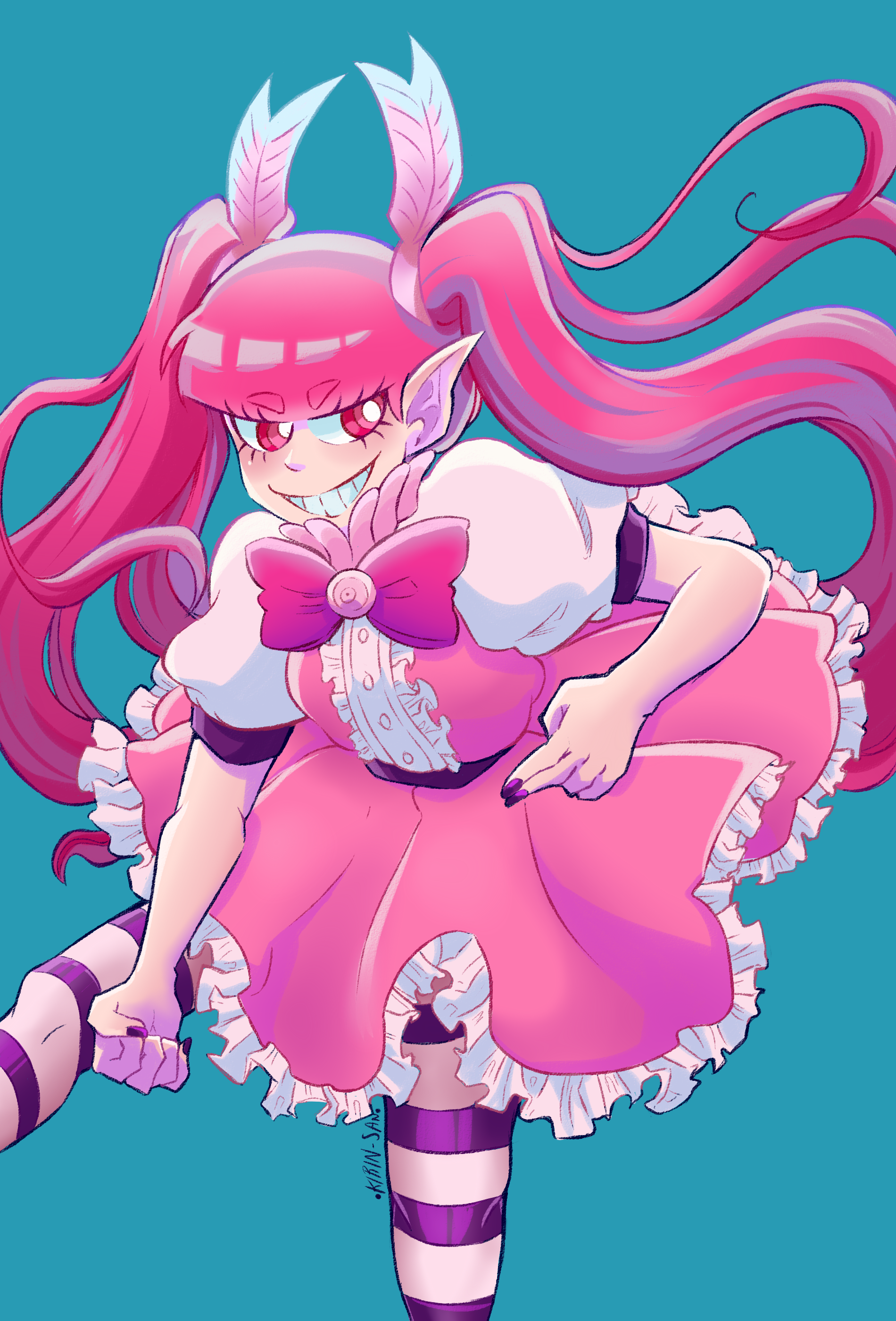 barbatos bachiko, mairimashita! iruma-kun, absurdres, commentary, english commentary, highres, 1girl, artist name, black nails, blue background, blunt bangs, bow, dress, feather hair ornament, feathers, frilled dress, frills, grin, hair ornament, kirina hm, pink bow, pink dress, pink hair, pointy ears, puffy short sleeves, puffy sleeves, red eyes, short sleeves, simple background, smile, solo, twintails