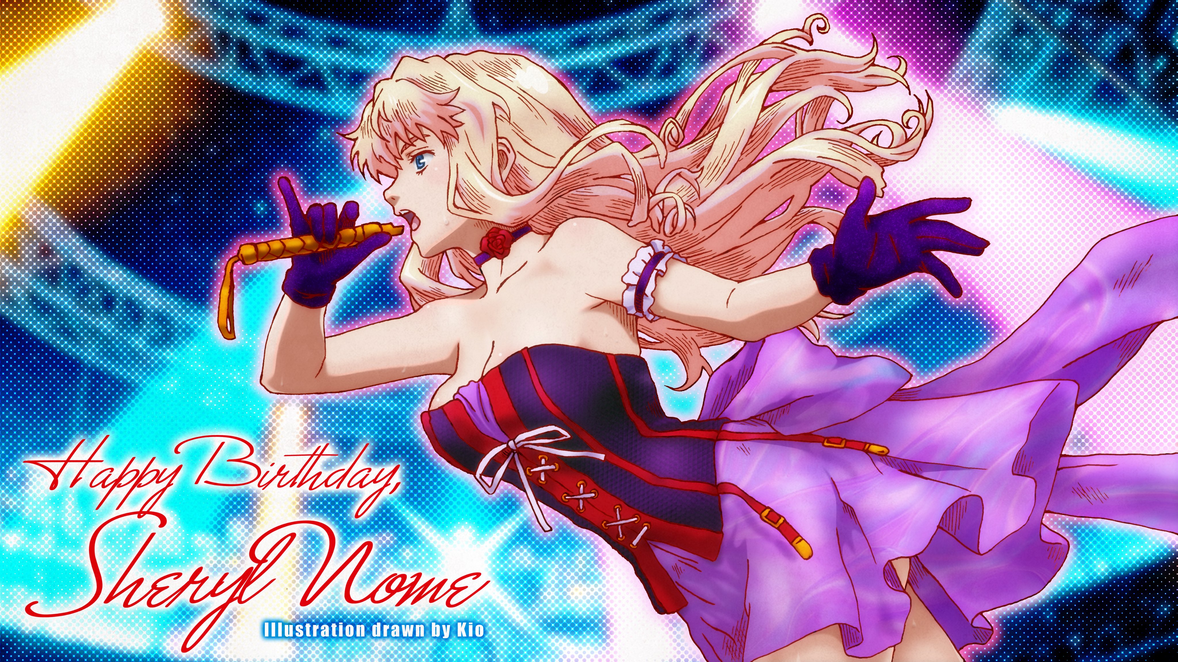 kio (kio k2), sheryl nome, macross, macross frontier, absurdres, commentary request, highres, 1girl, armband, armpit crease, artist name, ass peek, back bow, bare shoulders, birthday, blonde hair, blue eyes, bodice, bow, breasts, character name, choker, cleavage, collarbone, cowboy shot, floating hair, flower, flower choker, frilled armband, frills, from side, gloves, happy birthday, holding, holding microphone, large breasts, long hair, microphone, music, official alternate costume, open mouth, profile, purple bow, purple gloves, purple skirt, red flower, singing, skirt, solo, stage lights