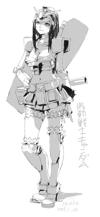 yasuda akira, rx-78-2 gundam, gundam, mobile suit gundam, 1girl, breasts, cleavage, female focus, garter belt, greyscale, gun, large breasts, m1 bazooka, mecha musume, midriff, monochrome, rocket launcher, shield, skirt, solo, weapon
