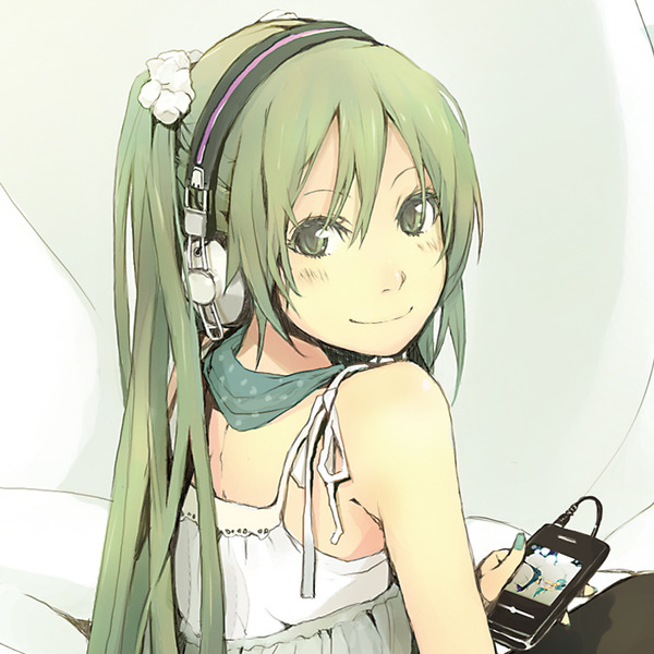 yoshito, hatsune miku, vocaloid, 1girl, casual, digital media player, female focus, green hair, headphones, looking back, smile, solo