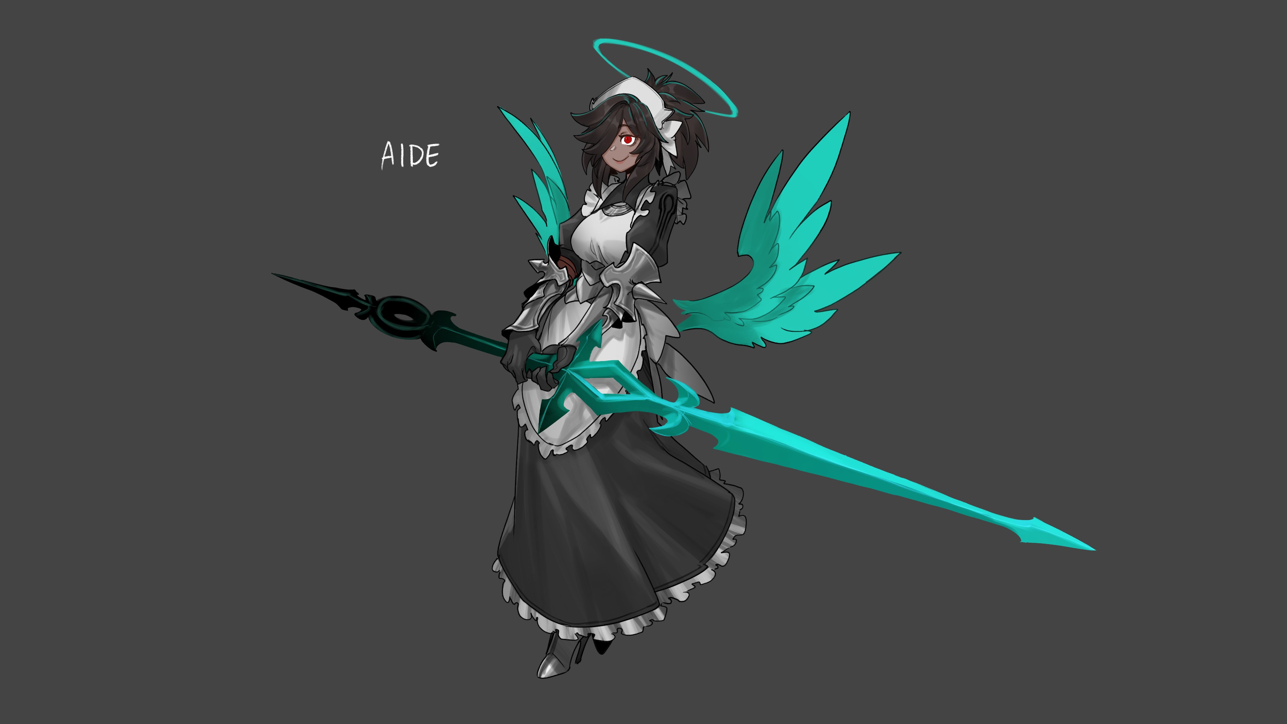 less, original, absurdres, commentary, english commentary, highres, 1girl, apron, aqua halo, aqua wings, armor, armored boots, black gloves, black hair, boots, closed eyes, dark-skinned female, dark skin, detached wings, frilled apron, frills, full body, gloves, grey background, hair over one eye, halo, headscarf, high heels, holding, holding sword, holding weapon, maid, maid apron, one eye covered, red eyes, simple background, smile, solo, sword, vambraces, weapon, white apron, wings