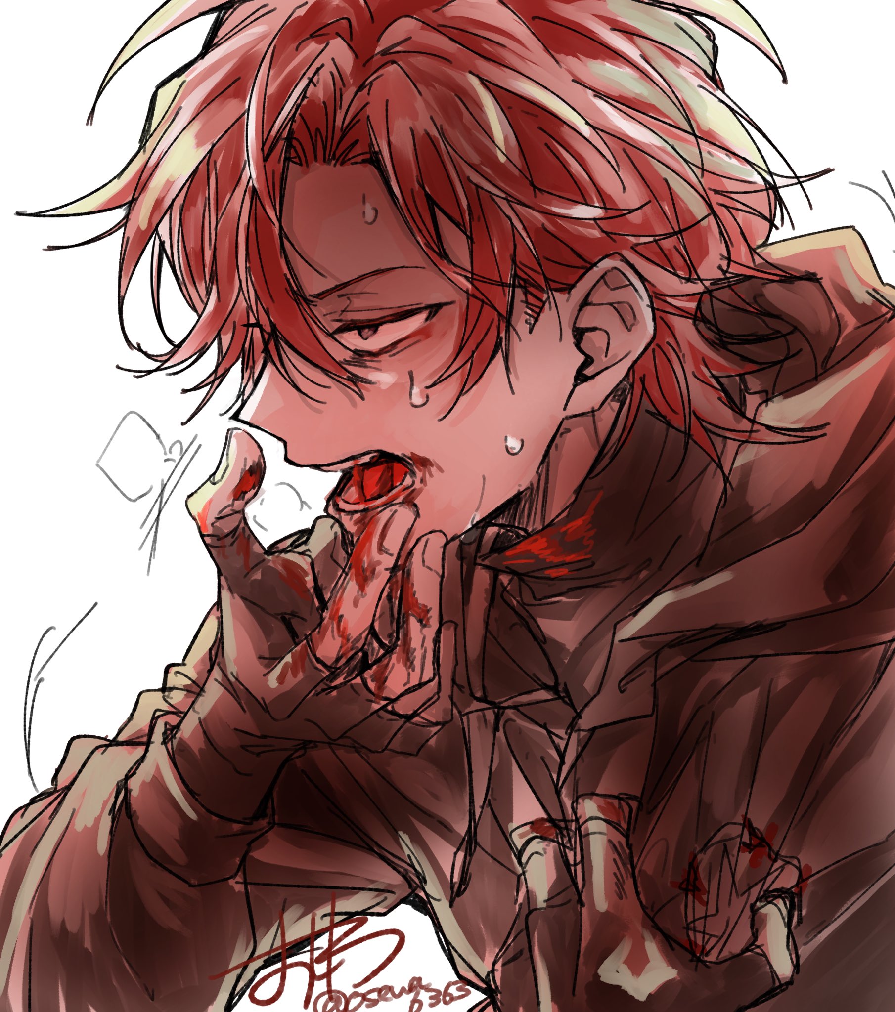 cale henituse, lout of count's family, commentary request, highres, 1boy, black gloves, blood, blood on clothes, blood on face, blood on hands, fingerless gloves, gloves, hood, hood down, hoodie, jacket, licking, licking finger, long sleeves, male focus, open mouth, osewa6363, red hair, sanpaku, short hair, signature, simple background, sketch, solo, sweat, teeth, tongue, white background