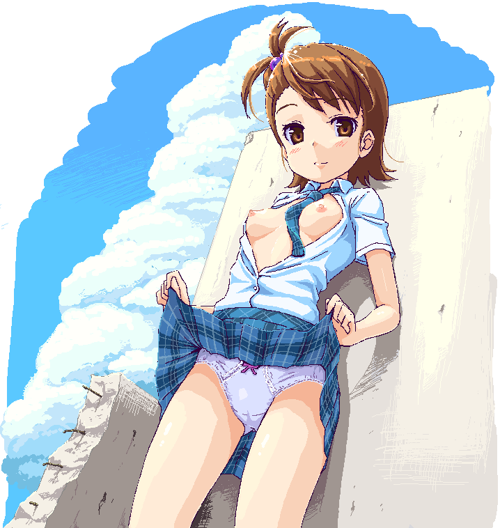 takayaki, futami ami, idolmaster, idolmaster (classic), 00s, 1girl, breasts, breasts out, brown hair, cameltoe, clothes lift, exhibitionism, eye contact, female focus, flashing, flipped hair, hair bobbles, hair ornament, loli, looking at another, narrow waist, necktie, open clothes, open shirt, panties, pantyshot, public indecency, rough time school, school uniform, shirt, short hair, side ponytail, skirt, skirt lift, solo, square-end necktie, underwear, upskirt