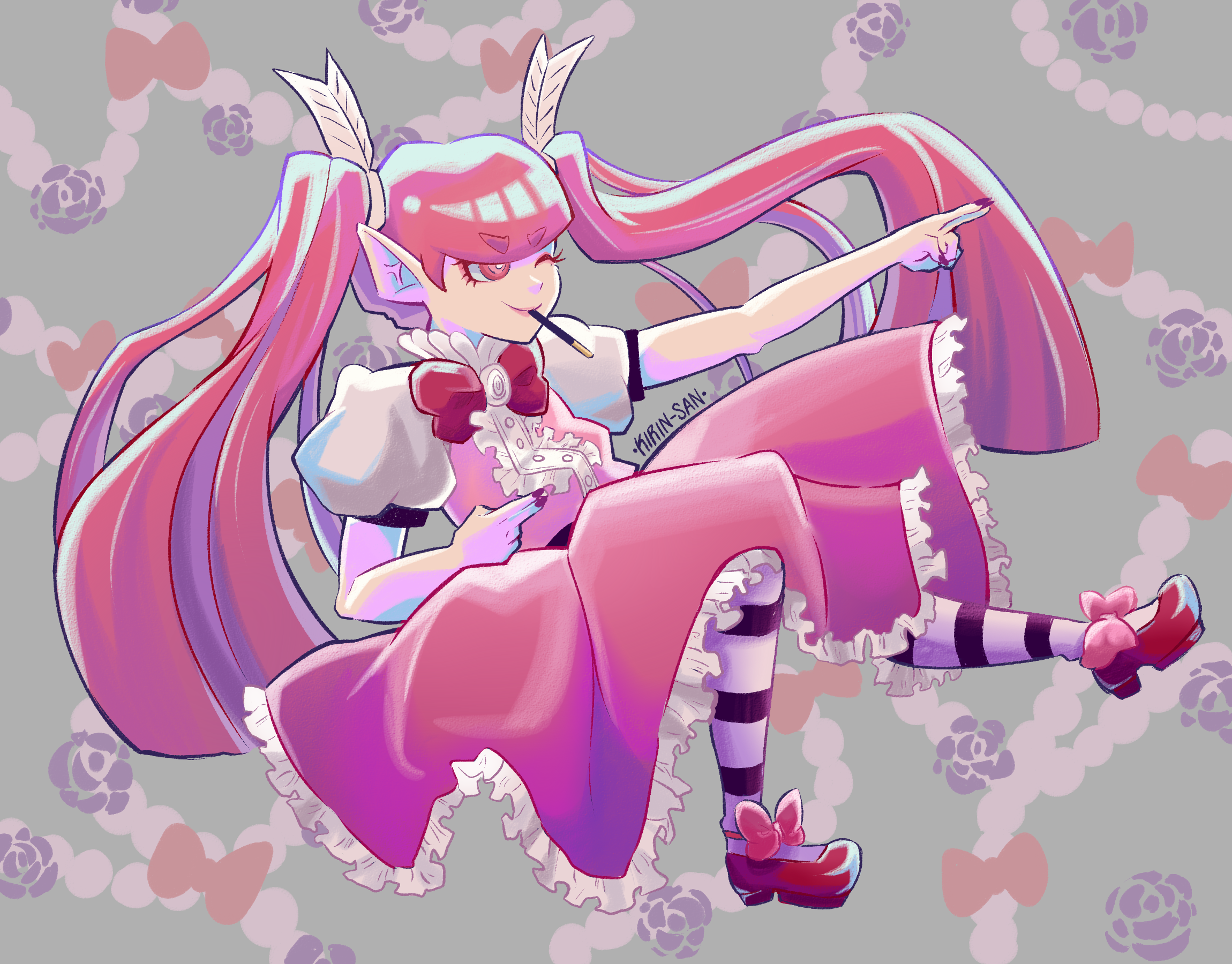 barbatos bachiko, mairimashita! iruma-kun, highres, 1girl, artist name, black nails, blunt bangs, bow, bowtie, dress, feather hair ornament, feathers, full body, hair ornament, kirina hm, long hair, mouth hold, pink dress, pink eyes, pink hair, pointy ears, puffy sleeves, red bow, red bowtie, red shoes, shoes, short sleeves, solo, striped leggings, thighhighs, twintails
