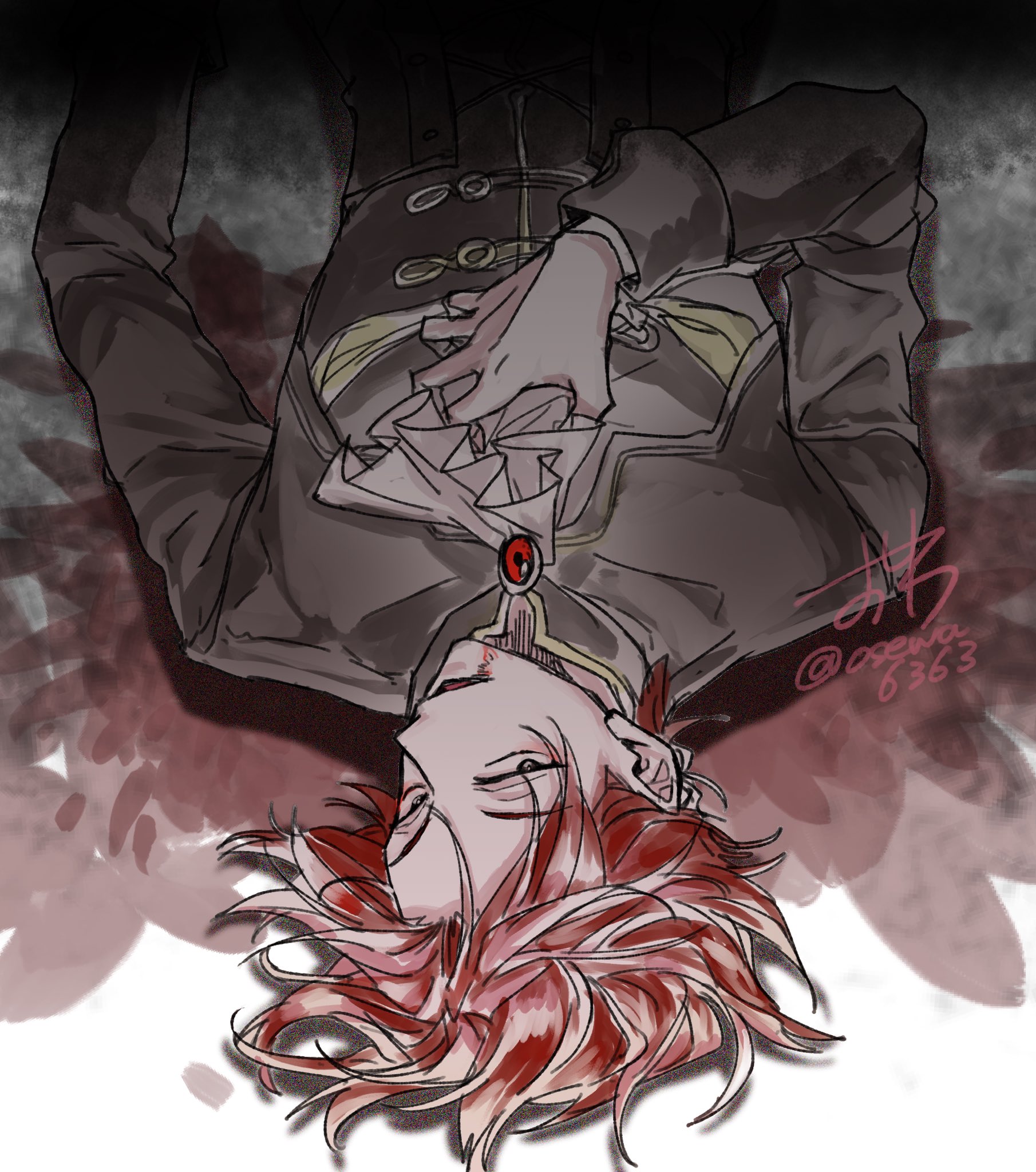 cale henituse, lout of count's family, commentary request, highres, 1boy, ascot, black jacket, blood, hand on own chest, jacket, long sleeves, looking at viewer, lying, male focus, multicolored hair, on back, open mouth, osewa6363, red hair, short hair, signature, solo, twitter username, upper body, upside-down, white ascot, white hair, wings