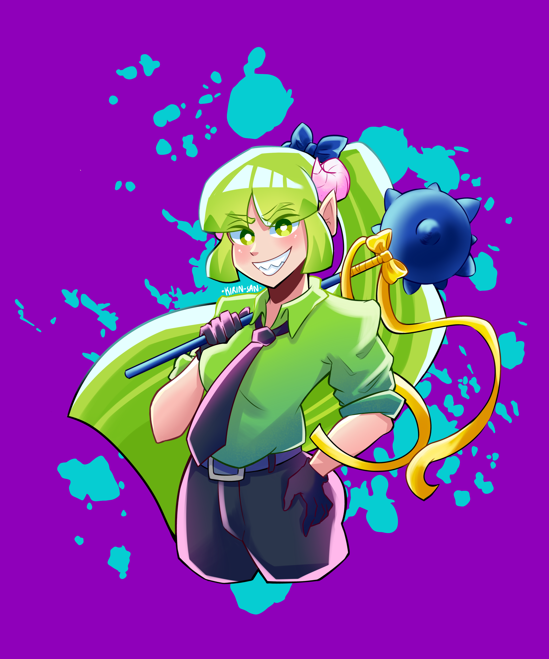 valac clara, mairimashita! iruma-kun, absurdres, commentary, english commentary, highres, 1girl, artist name, belt, black gloves, black necktie, black pants, gloves, green hair, green shirt, hand on own hip, holding, holding mace, holding weapon, horns, kirina hm, long hair, mace, necktie, over shoulder, pants, pink horns, pointy ears, ponytail, purple background, ribbon, sharp teeth, shirt, standing, teeth, very long hair, weapon, yellow ribbon