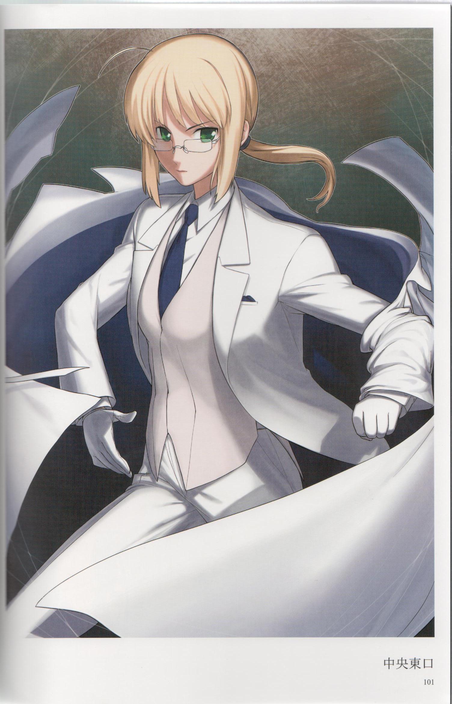 chuuou higashiguchi, artoria pendragon (fate), saber (fate), fate/stay night, fate/zero, fate (series), artbook, highres, scan, 00s, 1girl, alternate costume, androgynous, bespectacled, blonde hair, cape, female focus, formal clothes, glasses, green eyes, pant suit, pants, ponytail, reverse trap, solo, suit, vest, waistcoat
