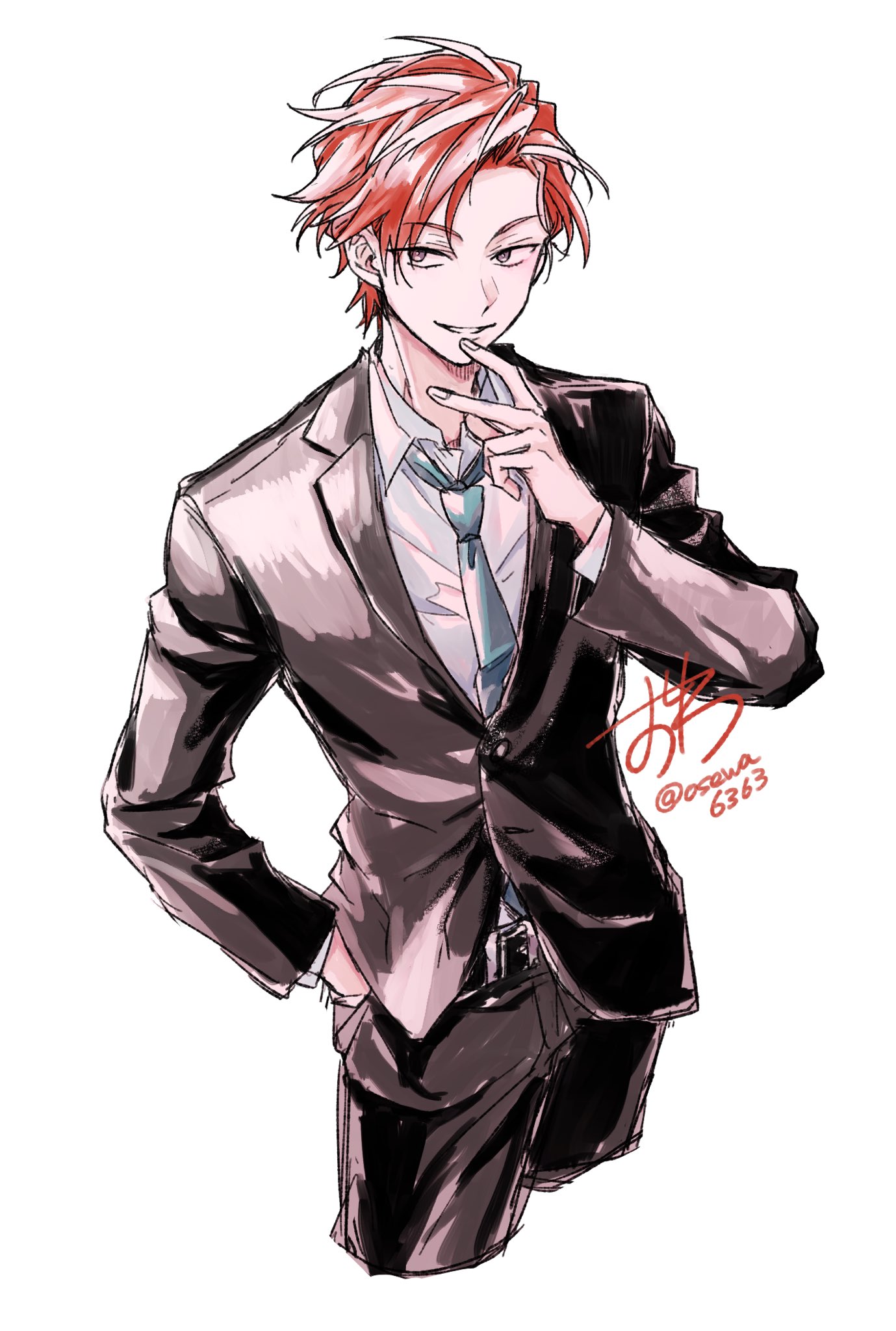 cale henituse, lout of count's family, commentary request, highres, 1boy, belt, black belt, black jacket, black pants, black suit, blue necktie, collared shirt, cowboy shot, cropped legs, dated, formal clothes, hand in pocket, hand up, jacket, lapels, long sleeves, looking at viewer, male focus, multicolored hair, necktie, notched lapels, open collar, osewa6363, pants, parted lips, red hair, shirt, short hair, signature, simple background, smile, solo, streaked hair, suit, suit jacket, twitter username, v, white background, white shirt