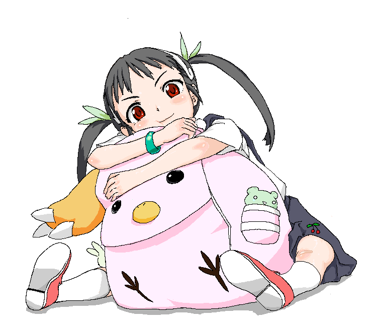ronsu, hachikuji mayoi, bakemonogatari, monogatari (series), 00s, 1girl, backpack, bag, bandaid, bandaid on knee, bandaid on leg, black hair, female focus, hair ribbon, hairband, randoseru, red eyes, ribbon, shoes, skirt, socks, solo, twintails